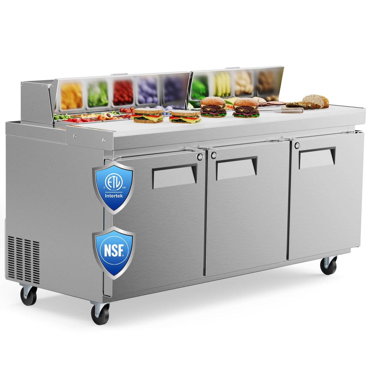 Etl & Nsf Certified 72'' W 3 Door 35 Cu.Ft Refrigerator Sandwich Salad Pizza Prep Table Stainless Steel Refrigerated Food Prep S