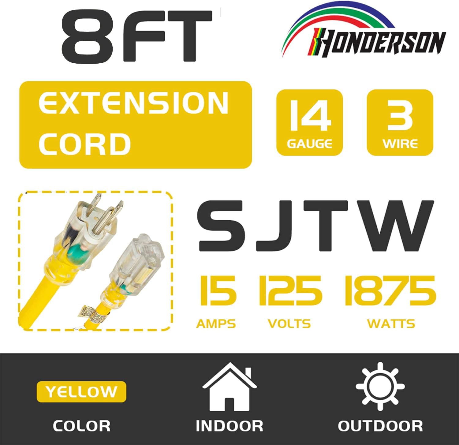 Honderson Indoor Outdoor Extension Cord Weatherproof With Lighted End, Ul Listed, 14 Gauge 8Ft Yellow 3 Prong Heavy Duty Extensi