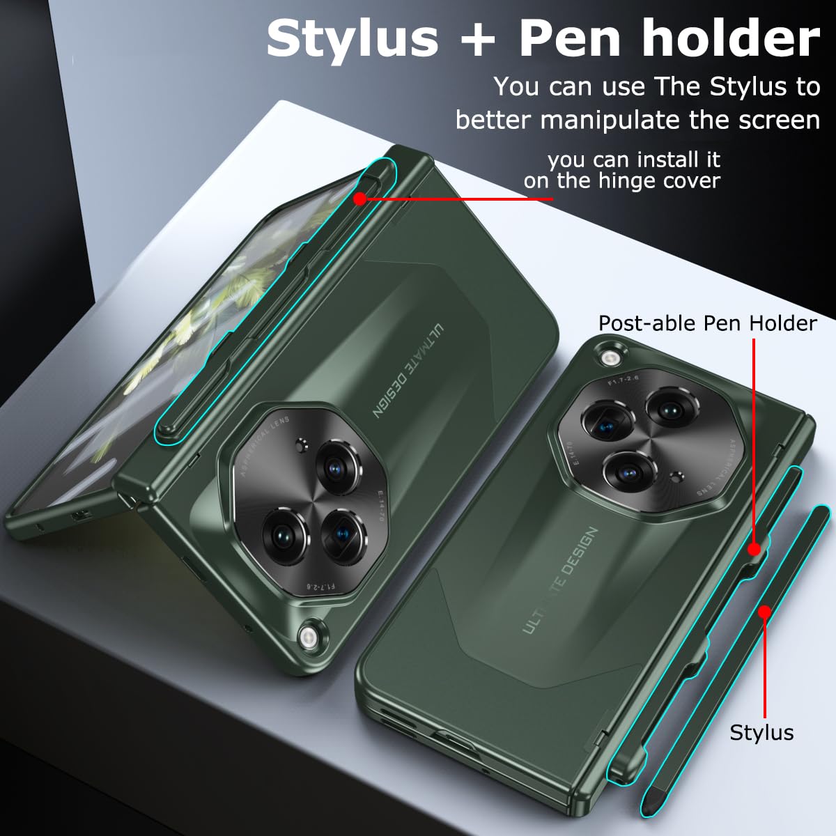 Yqodsz Oneplus Open Case With Stylus & Pen Holder, Octagon Camera Protector, Screen Protector, Hinge Protection, Pc Plating, Gre