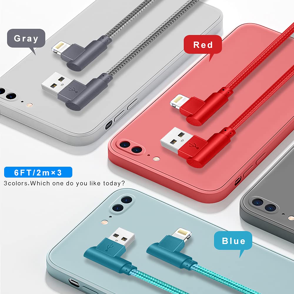 Shusel For Iphone Charger Cable Right Angle Lightning Cable 3Pack 90 Degree 6Ft Nylon Braid Charging Cord Fast Charging Compatib