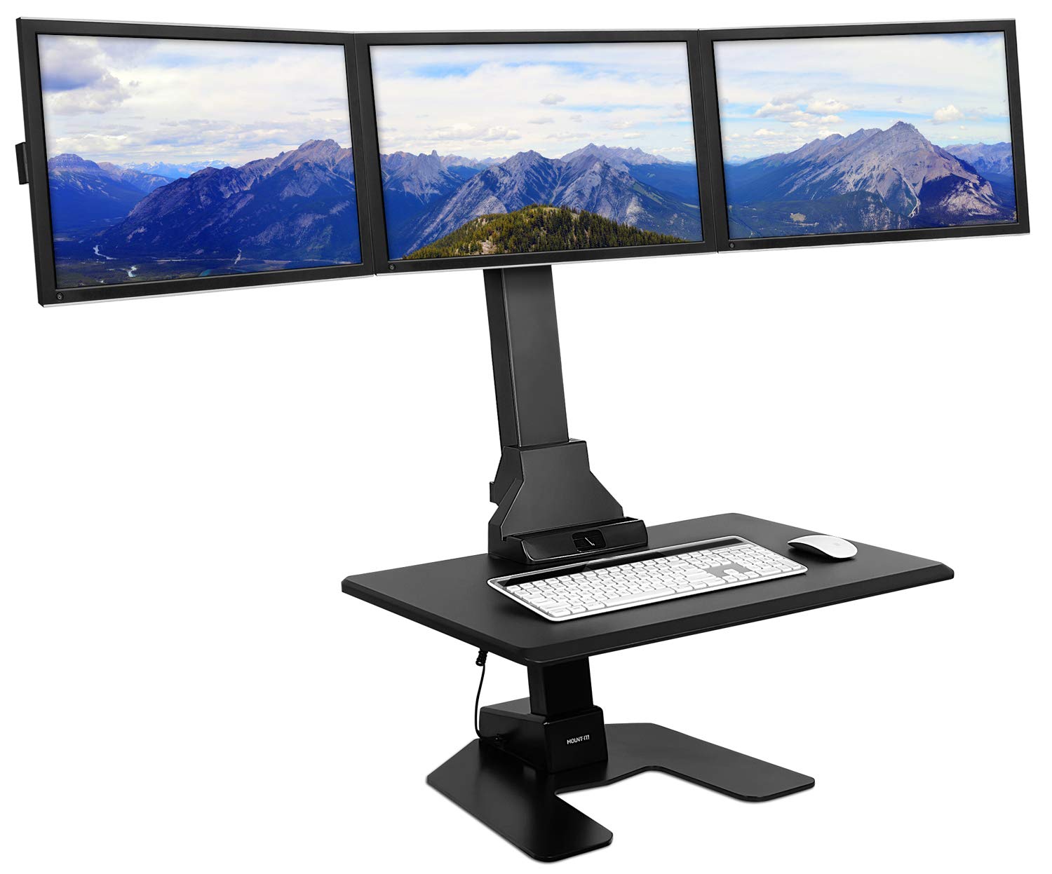 Mount It! Triple Monitor Electric Standing Desk Converter   3 Screens Stand Up Desk Riser   Height Adjustable Desktop & 3 Mounts for Screens up to 32', Sit Stand Convertor for Home, Office, School