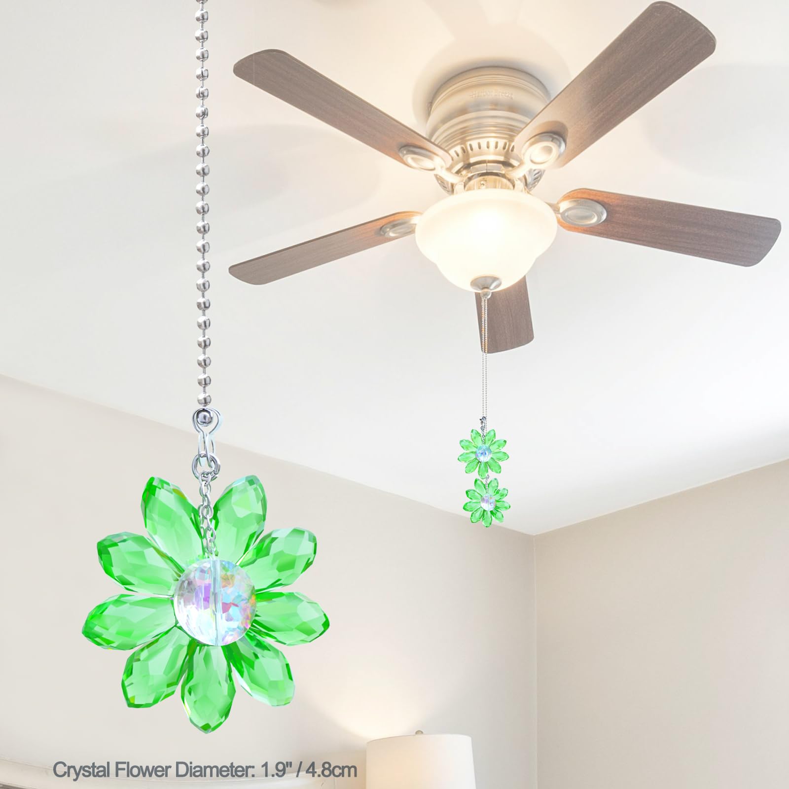 Lefers Ceiling Fan Pull Chain, 2 Pieces 1.8'' Crystal Glass Flower Pendants With 24'' Ceiling Fan Chain Extender And Connector (