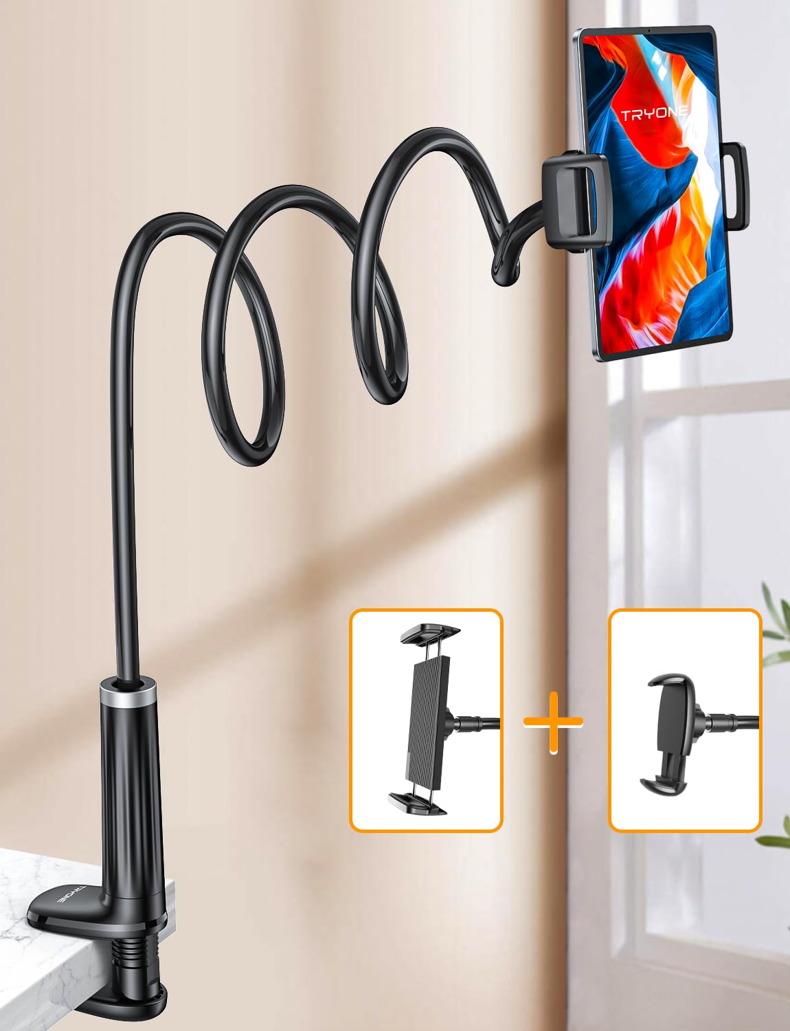 Gooseneck Phone Holder Tablet Stand for Bed:[Swivel Base] Adjustable Flexible Lazy Arm with 2 Clips Phone Tablet Holder Mount Compatible iPad Pro Air Mini | Kindle | Switch or Other 4 12.9' Device