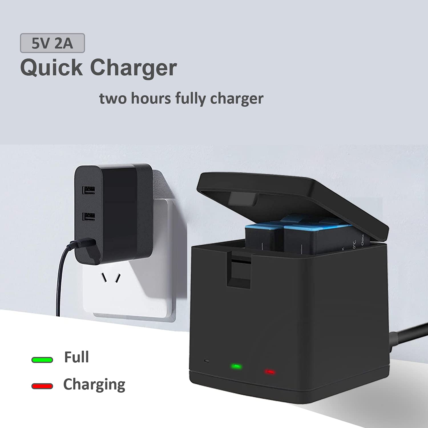 2 Pack Batteries Fit For Gopro Hero 10, Hero 9 Black, 3 Channel Battery Charger Station For Hero 10/ Hero 9