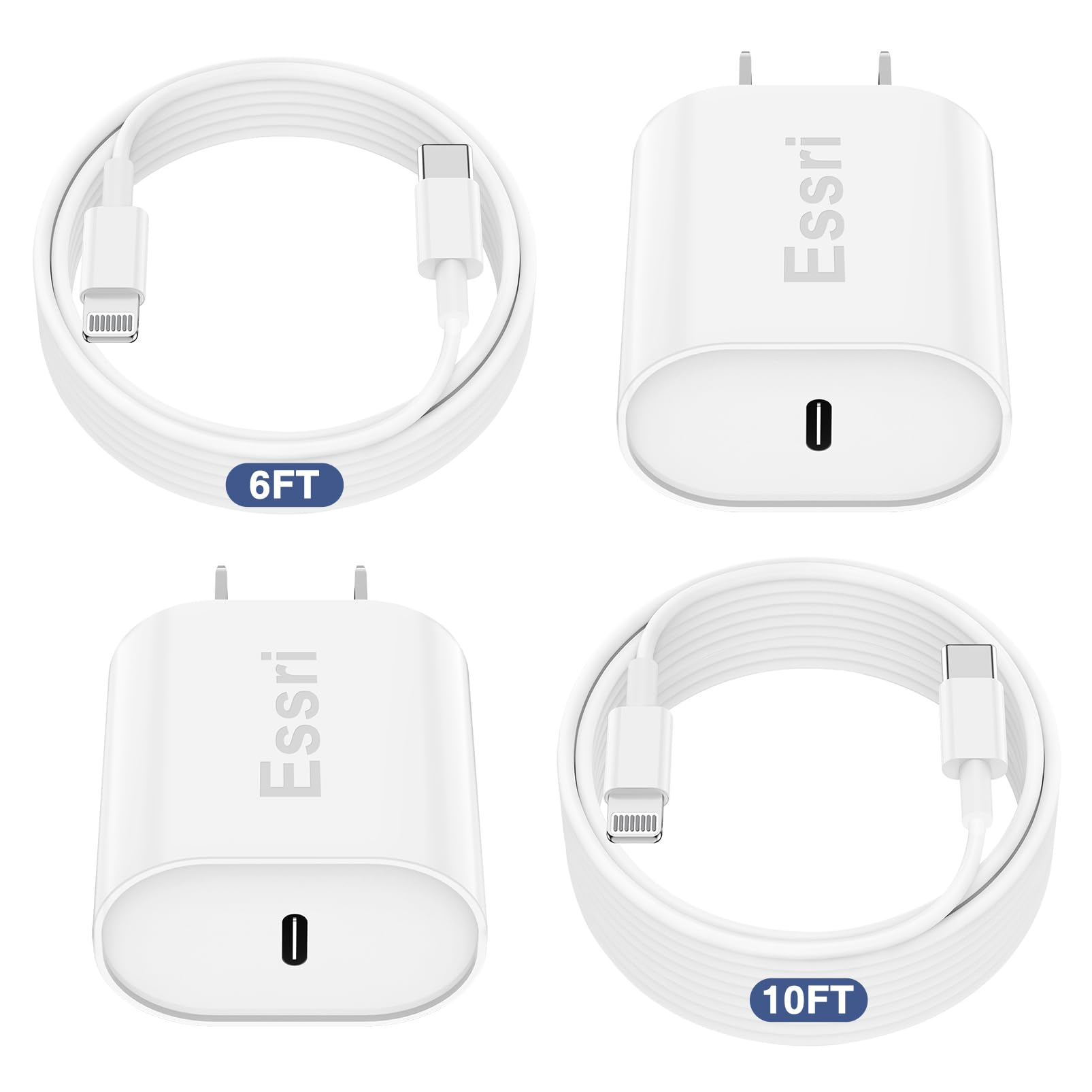 Essri Fast Charger For Iphone 14 13 12 Charge Fast Charging, 2Pack 6Ft+10Ft Usb C To L Cable With 20W Usb C For I Phone Charger