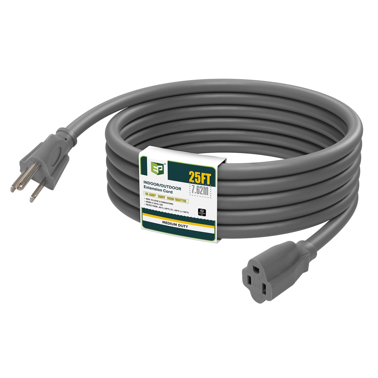Ep 25 Ft Outdoor Extension Cord   16/3 Sjtw Gray Electrical Cable With 3 Prong Grounded Plug, Ul Listed