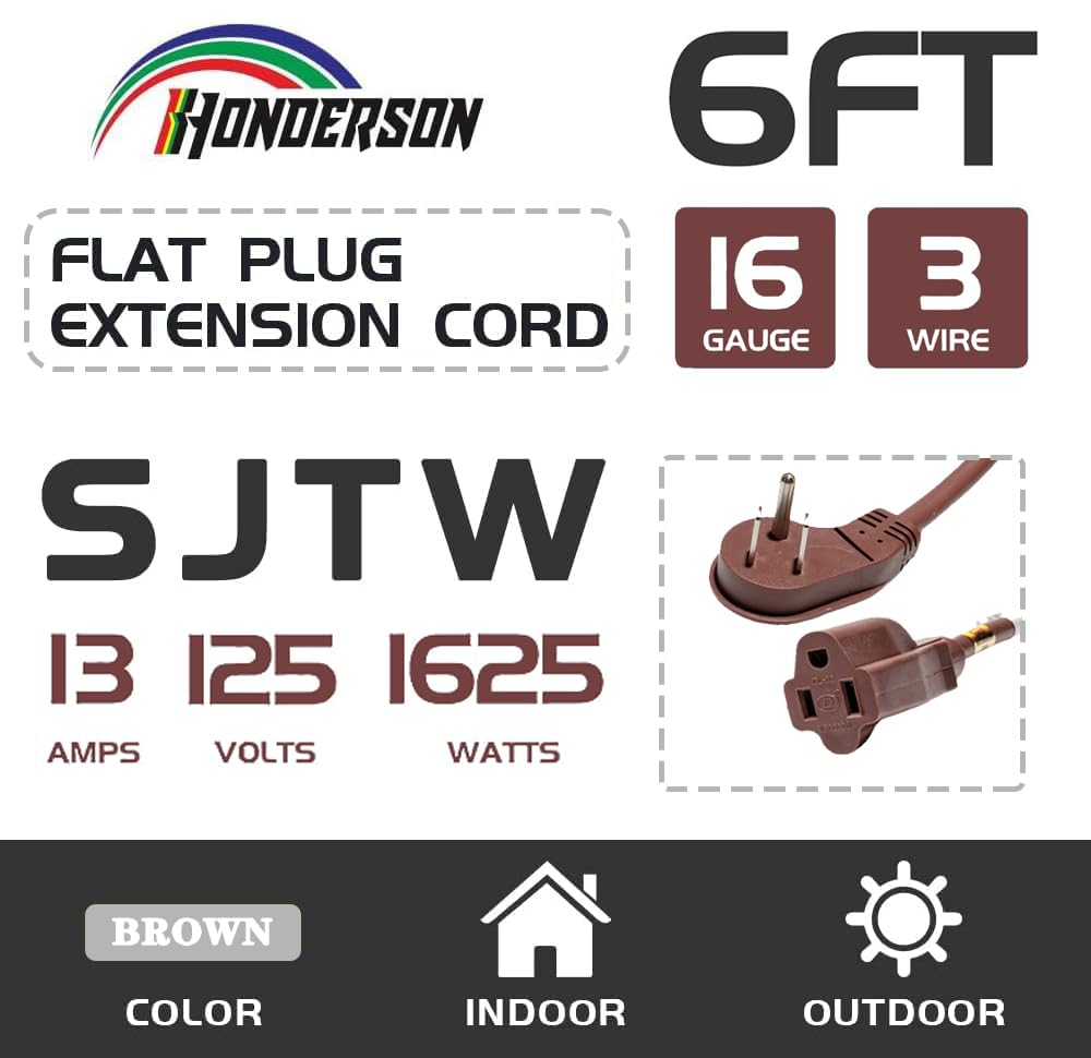 Honderson Flat Plug Indoor Extension Cord, Ul Listed, 16 Gauge 6Ft Brown 3 Prong Heavy Duty Extension Cord, 16/3 Sjtw 13A Power
