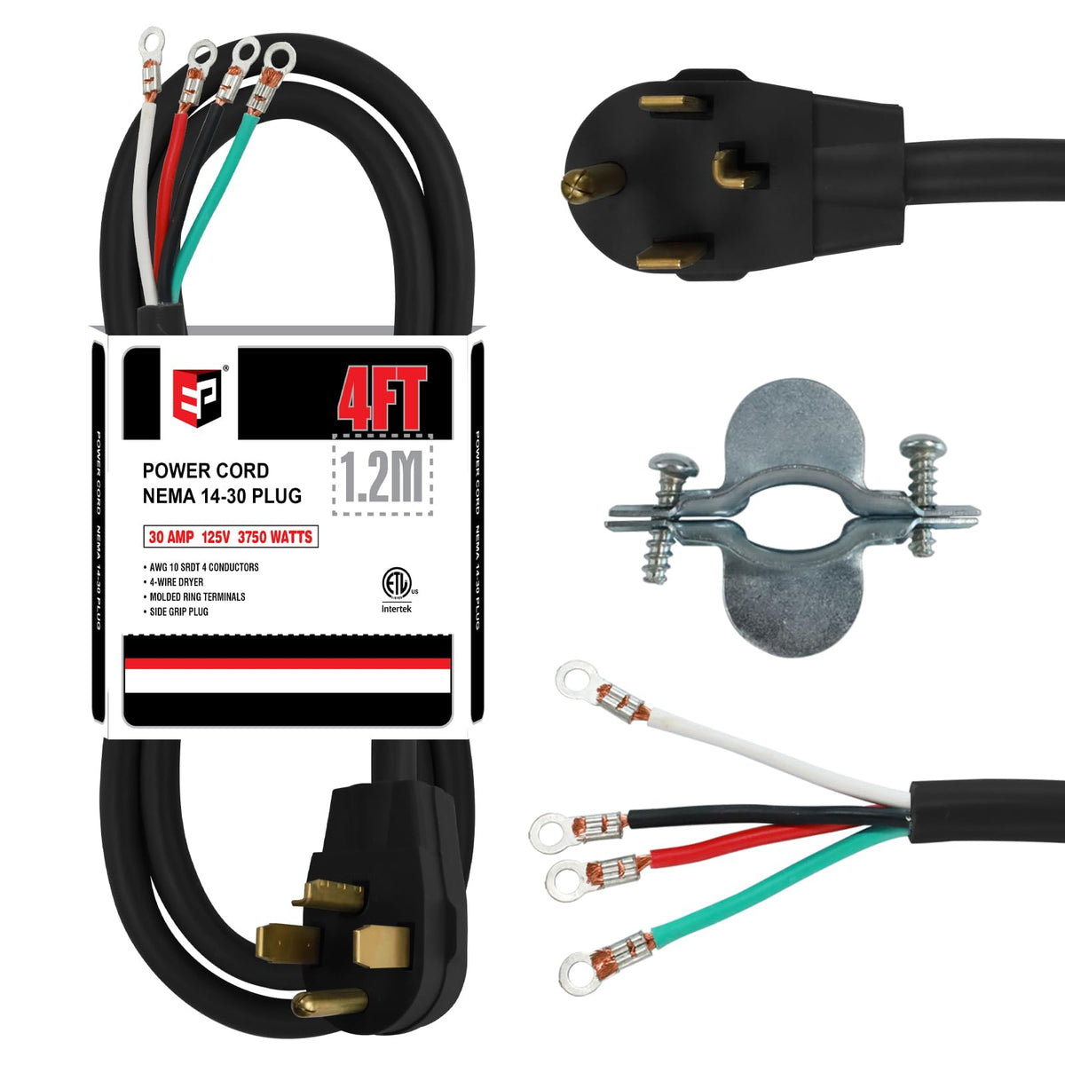 Ep 4 Prong Dryer Cord, 4 Ft 10/4 Srdt, 30Amp Appliance Extension Power Cord, Nema 14 30, Black