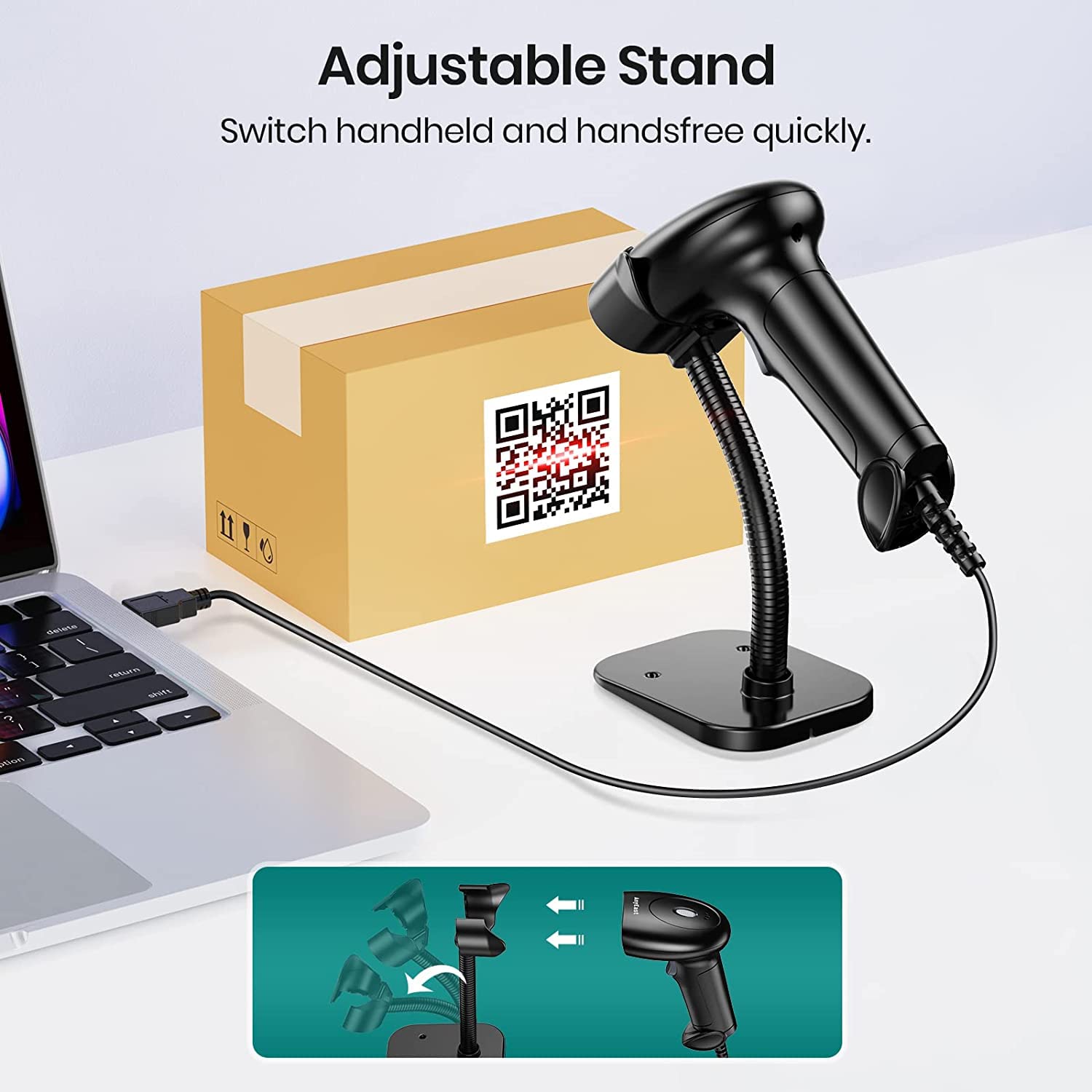 Anyeast Barcode Scanner With Stand, Usb Wired Inventory 2D 1D Qr Code Scanner For Computer Pos Mac With Automatic Screen Scannin