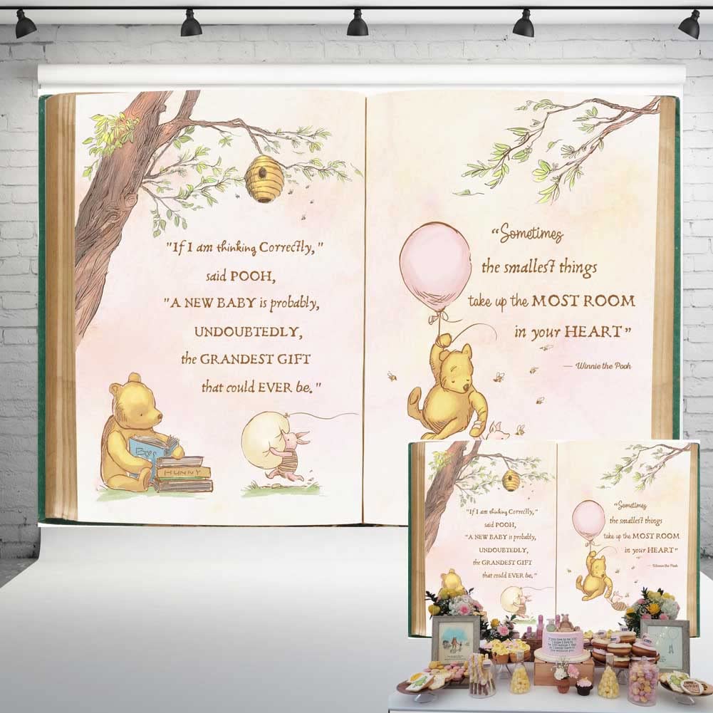 Vintage Pooh Bear Baby Shower Backdrop For Girl Retro Giant Book Spring Tree Classic Background Newborn Quote Pink Yellow Tinge