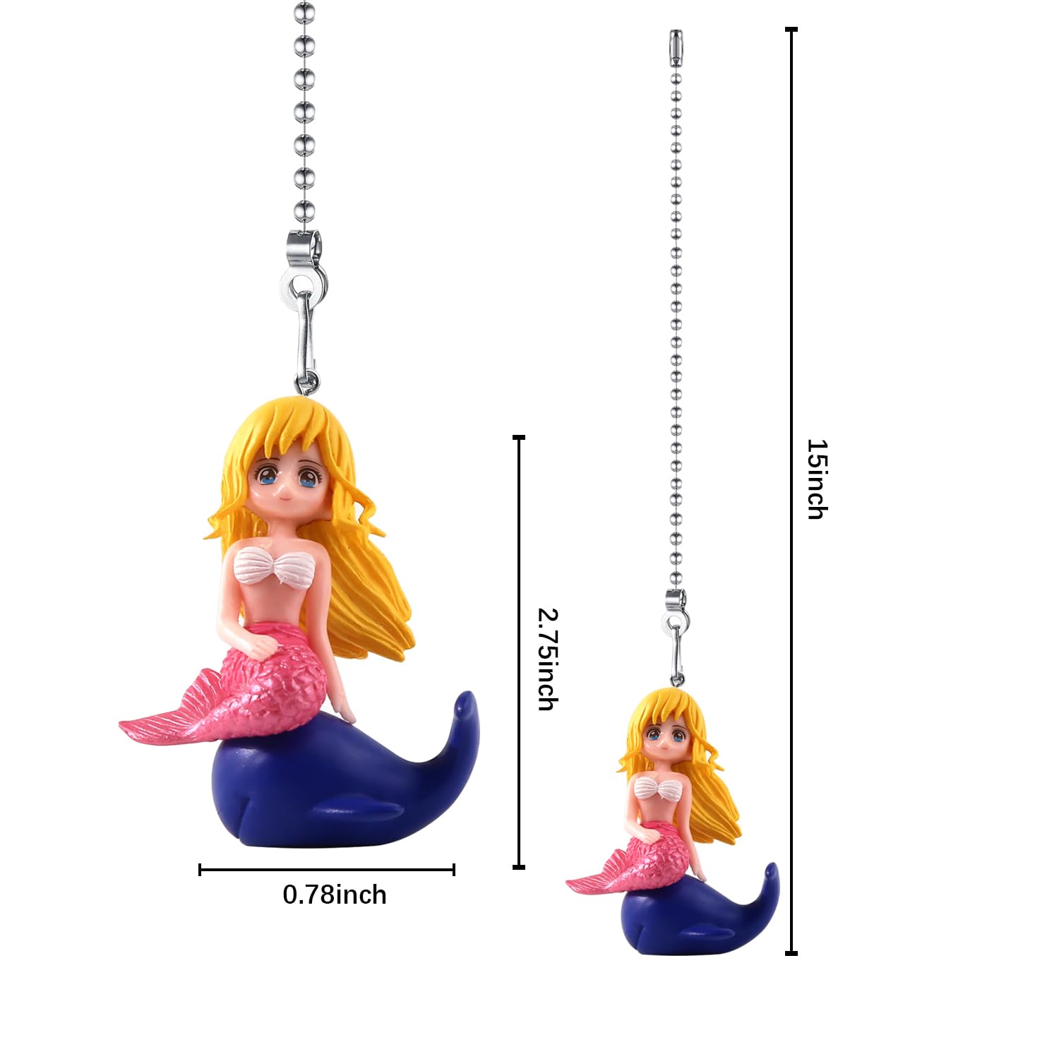 Dotlite Mermaid Ceiling Fan Pull Chain,Cute Mermaid With Dolphin Pulls Charm Extension Decorative,12In 3Mm Diameter Beaded Fan L