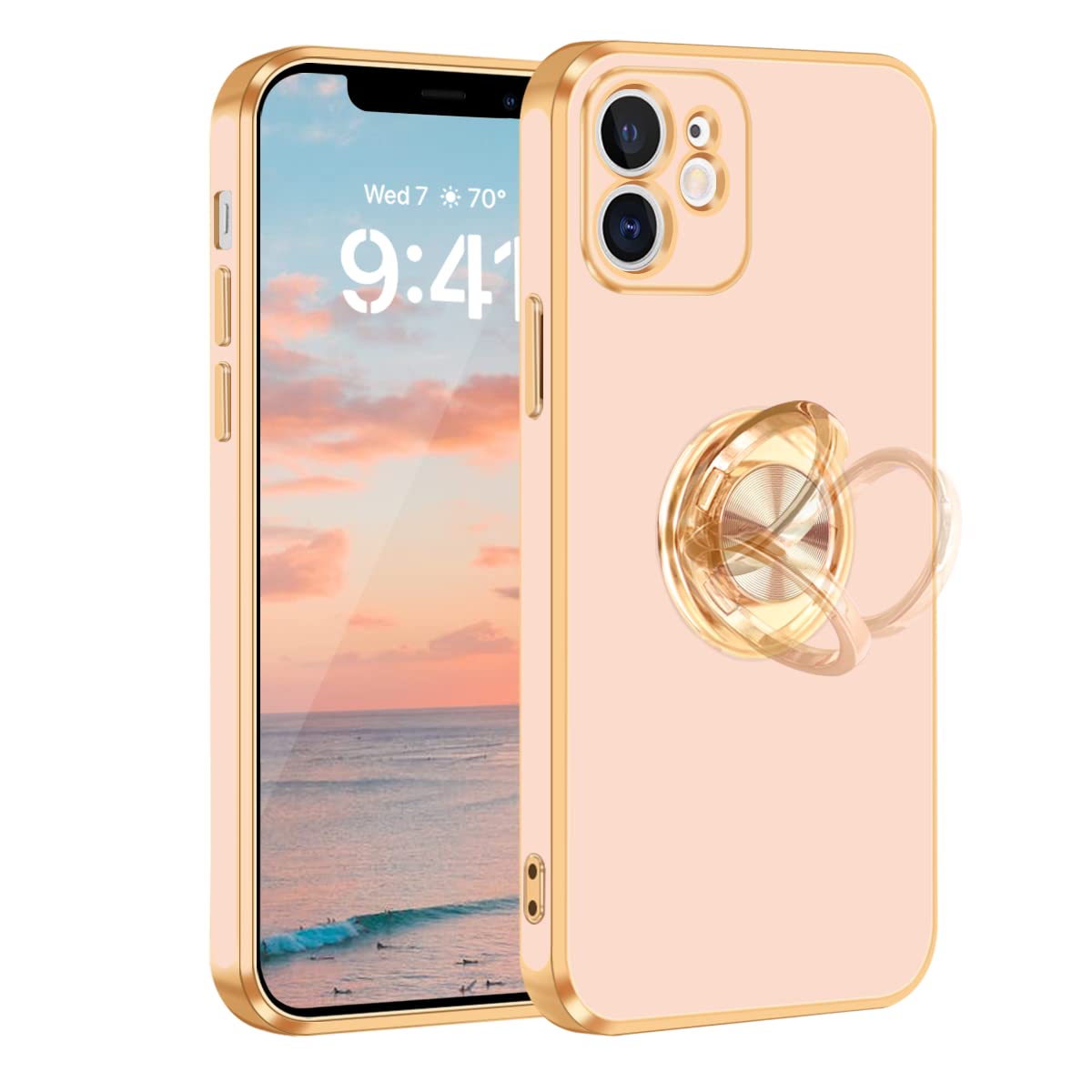 Fingic For Iphone 12 Case,For Iphone 12 Case With 360 Ring Holder Phone Case For Women Girls Slim Kickstand Magnetic Support Car