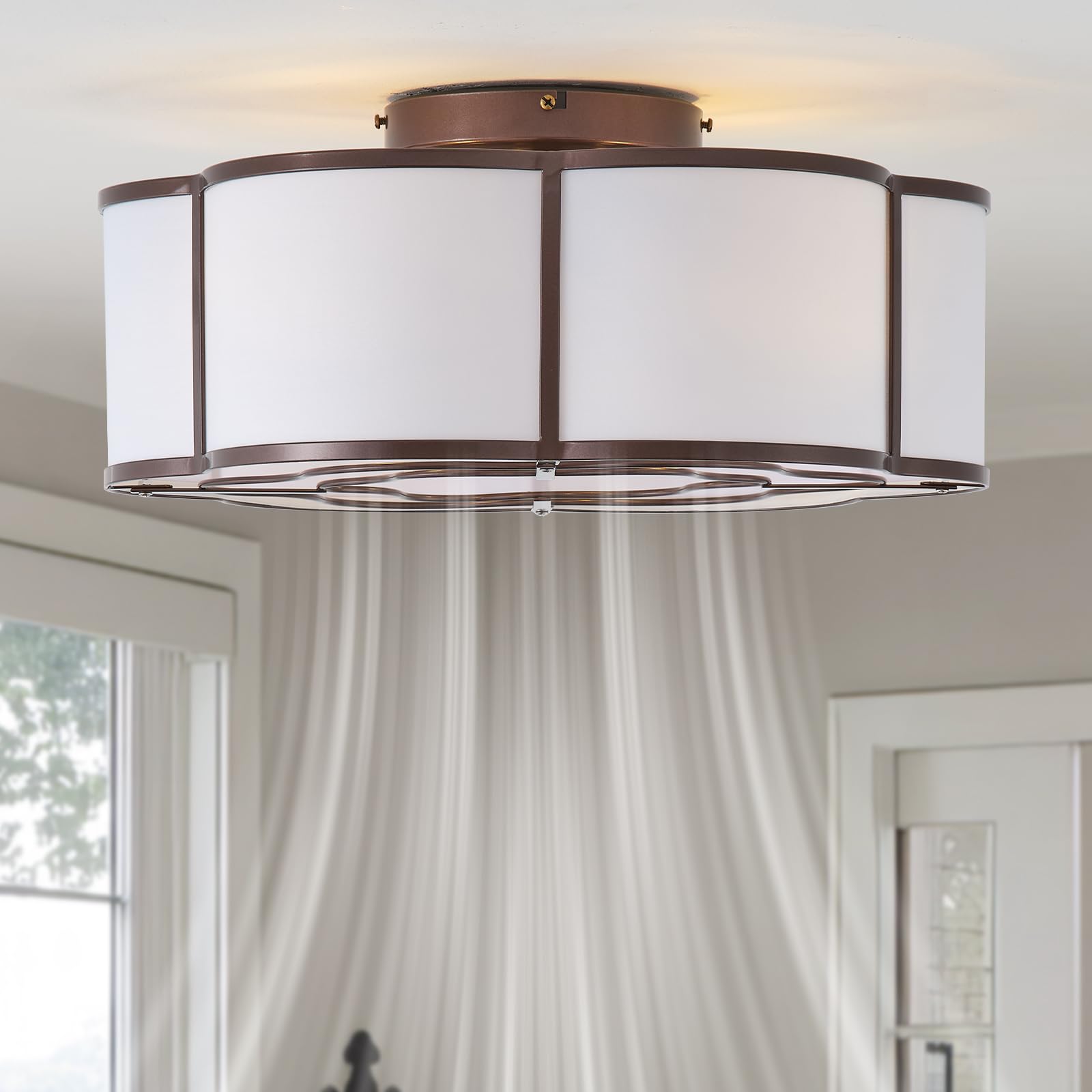 Bexilyny 20 Farmhouse Ceiling Fan with Lights Flush Mount, Brown Enclosed Ceiling Fans with Lights Remote Control, Caged with 6 