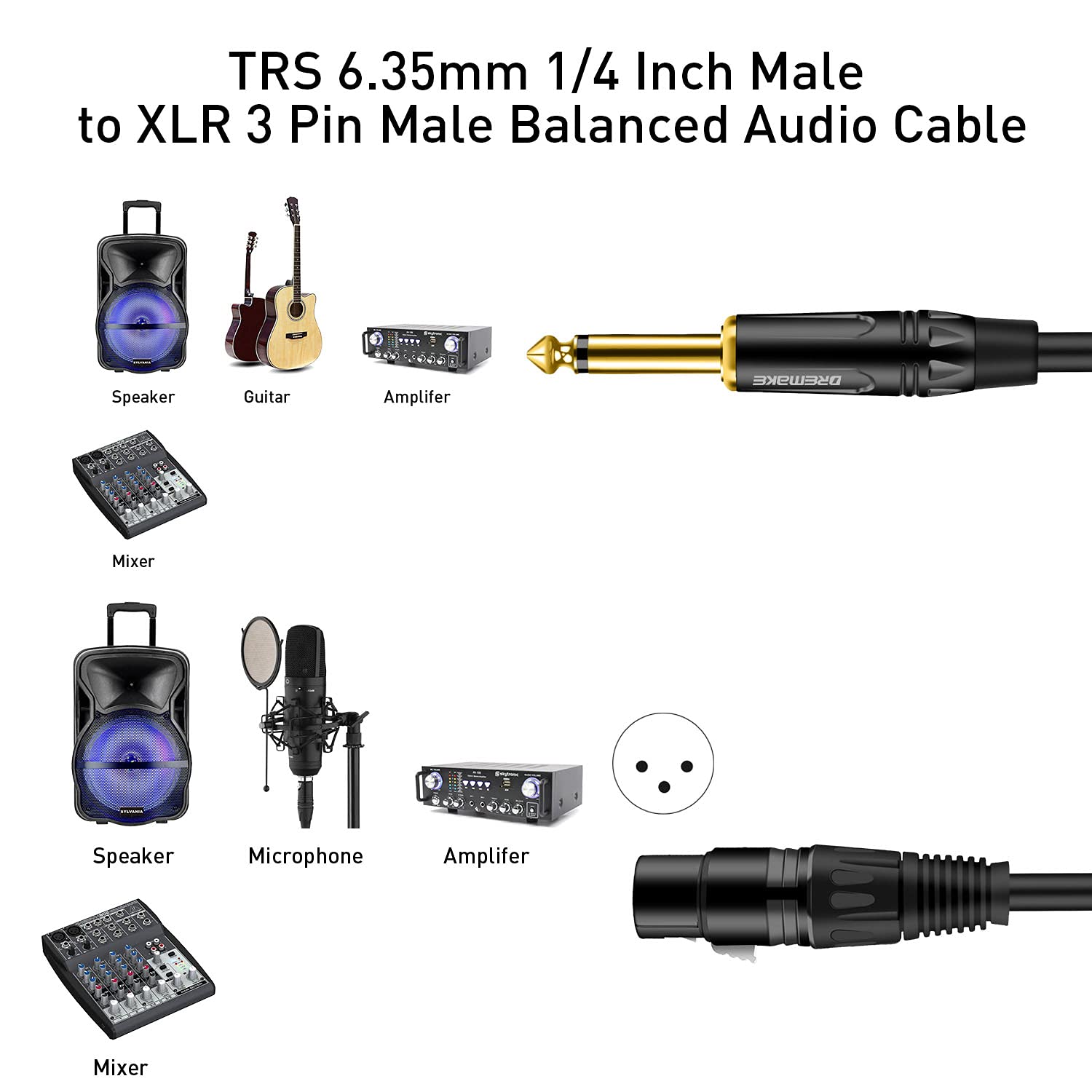 Dremake 15Ft Xlr To Ts 6.35Mm (1/4 Inch) Mic Cable, Xlr 3Pin To Quarter Inch Audio Cord, Mono 6.35Mm 1/4 Inch Ts Male To Xlr Fem