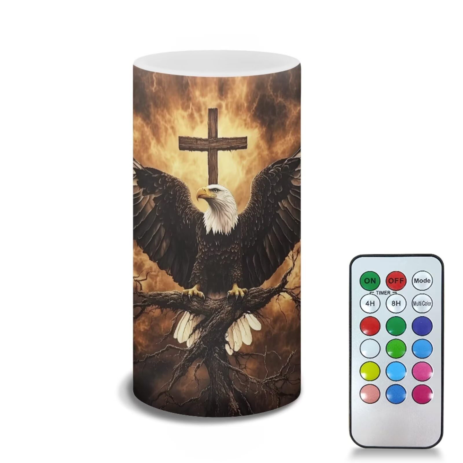 Poceacles Eagle Cross Print Brown Flameless Light Candles Battery Operated Candles with Color Changing Timer Remote Control Teal