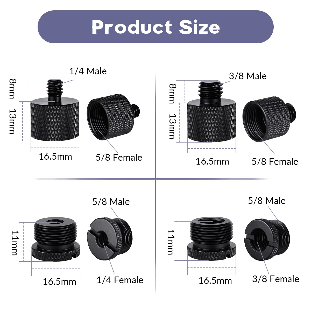 Tenalleys 8 Pack Mic Stand Adapter, 5/8 Female To 3/8 Male & 3/8 Female To 5/8 Male, Aluminum, Black