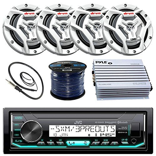 Jvc Marine Boat Yacht Radio Bluetooth Media Player Receiver Bundle Combo With 4 X 6.5'' 2-Way Coaxial White Speakers & 4Ch Amp