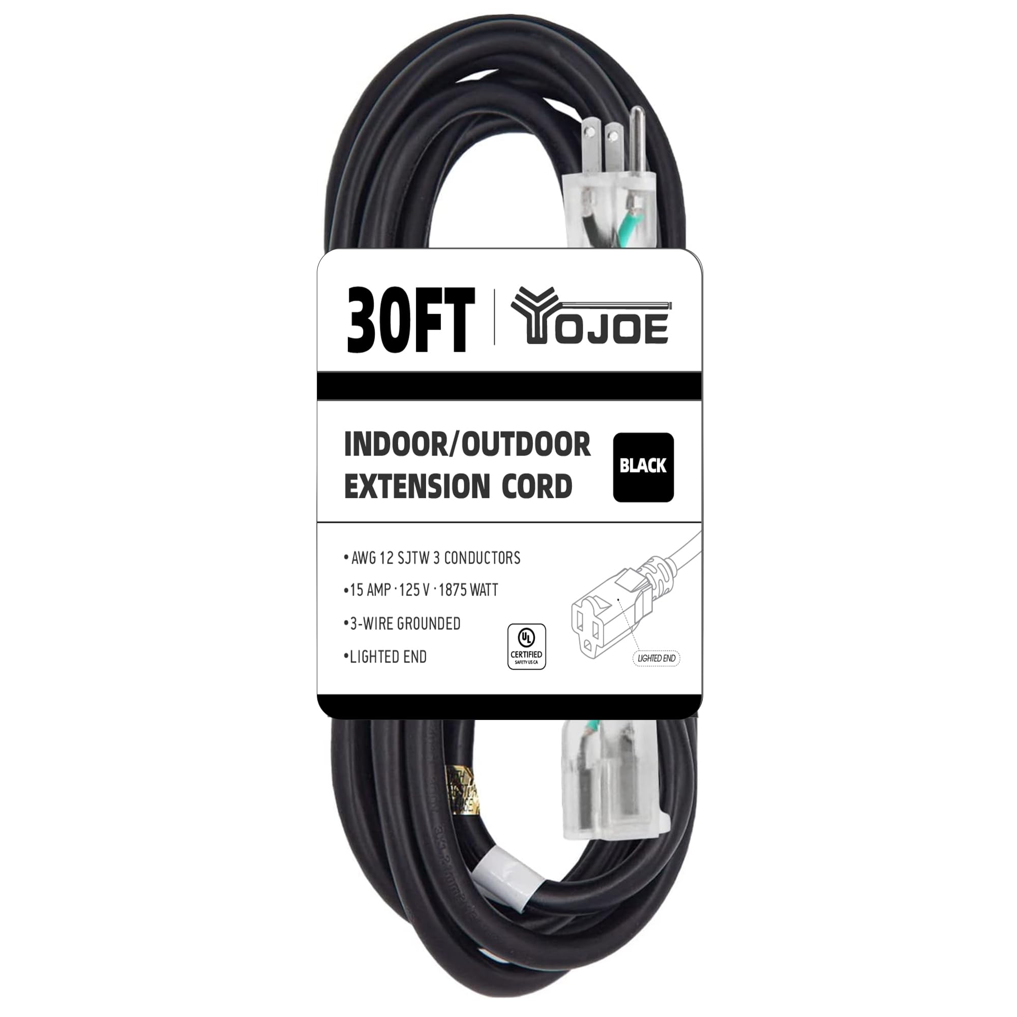 Yojoe Indoor Outdoor Extension Cord With Lighted End, 3 Prong 15A Weatherproof Power Extension Cord, 12 Gauge Heavy Duty 30 Ft B