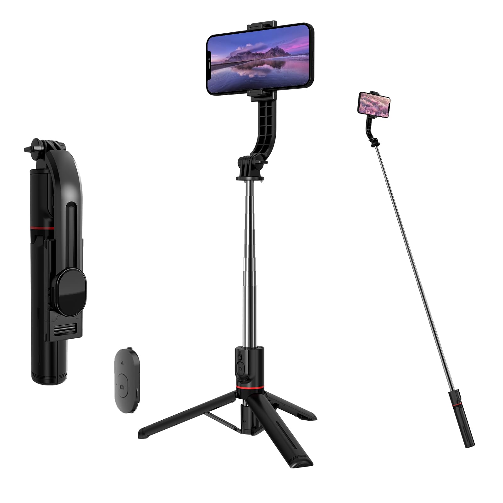 Selfie Stick Tripod, 44 Extendable, 360 Rotatable, Wireless Remote, Detachable Phone Holder, Lightweight & Portable, Compatible 