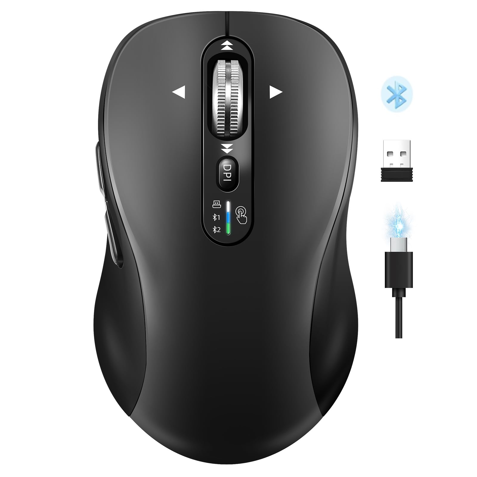 INFINMIND Wireless Bluetooth Mouse,USB+BT2,Multi Device Ergo Computer Mouses,Metal 4Way Super wheel, 3K DPI,9 Buttons,Quiet,R