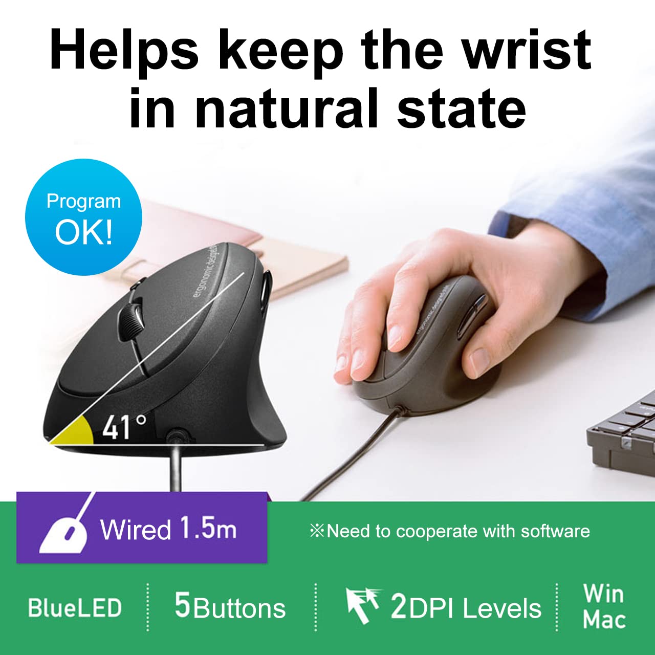 Sanwa Wired Ergonomic Mouse, Optical Vertical Mice, For Small Hands, Reduce Wrist Strain, 1000/1600 Dpi, 6 Buttons, Compatible W