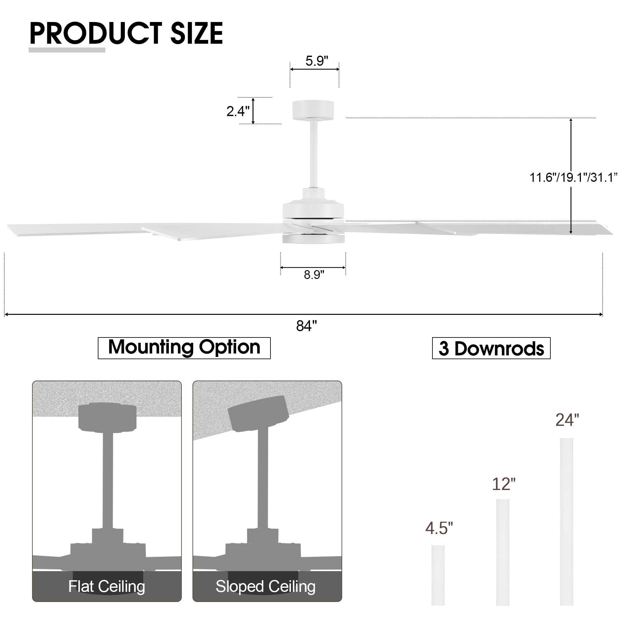 Elehinser 84'' Ceiling Fan No Light, 6 Speed Noiseless Reversible Dc Motor, 9 Blades White Industrial Ceiling Fan With Remote An