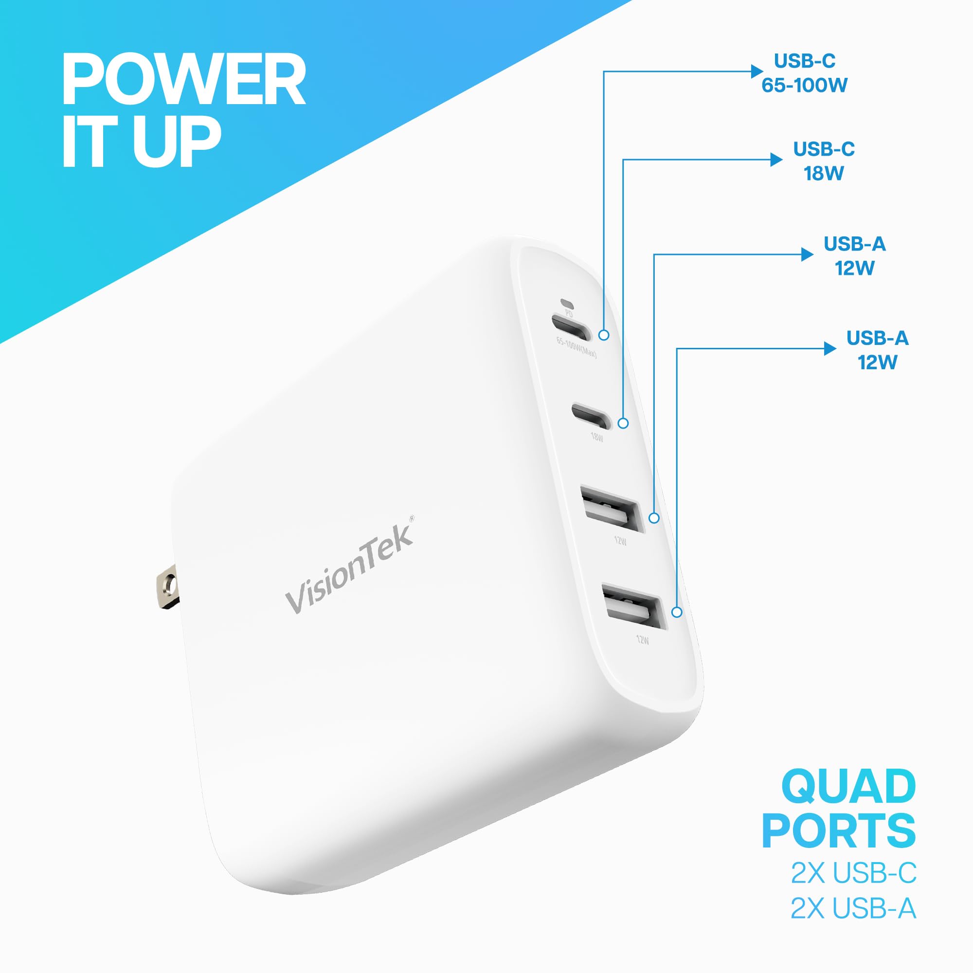 Visiontek Gan Ii 100W Wall Fast Charger - Quad Ports 2X Usb-C 2X Usb-A - Compatible With Macbook Pro/Air, Ipad, Iphone, Galaxy,