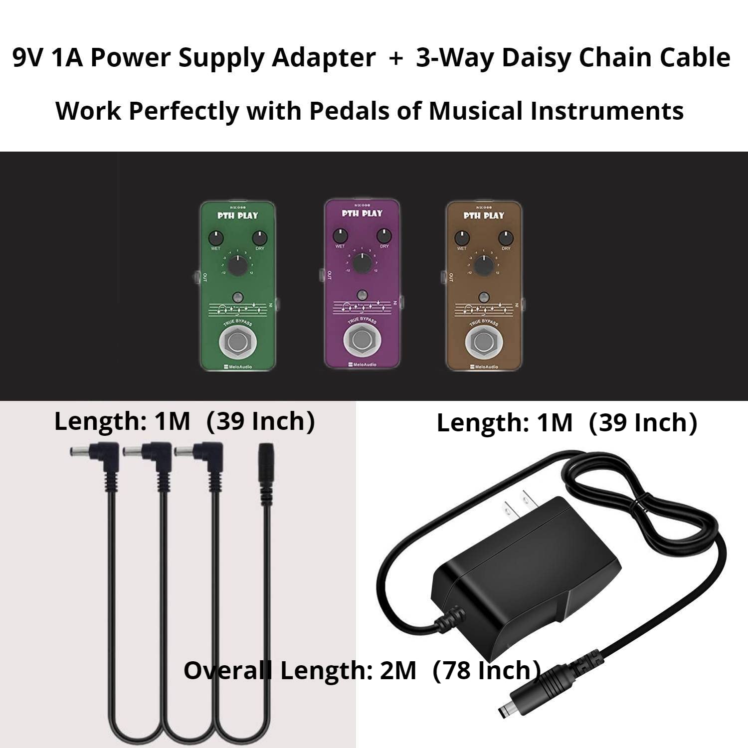 YANZHI 9V DC Power Supply Adapter for BOSS Guitar Pedal, 1A Power Cord with 3-Way Daisy Chain Cables, Center Negative, PSA-120S