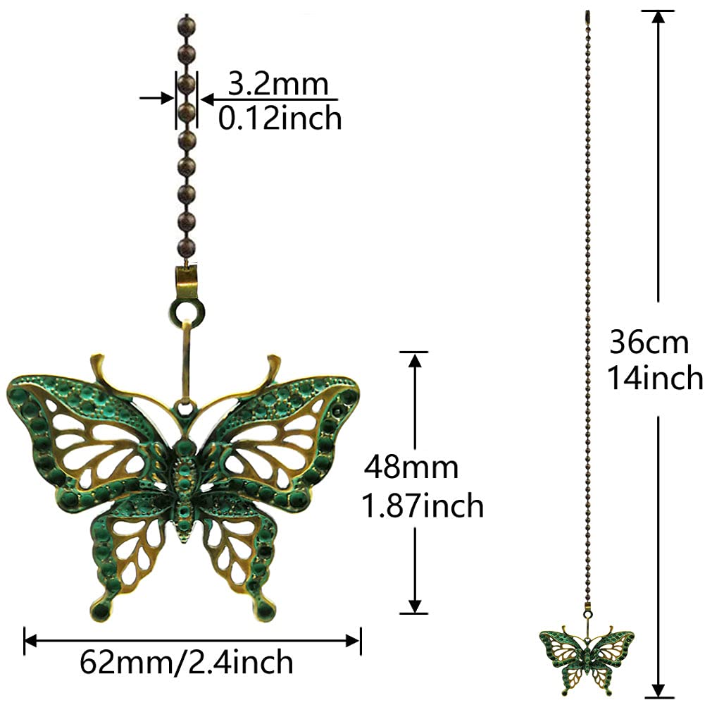 Hyamass 2Pcs Vintage Butterfly Pendant Ceiling Fan Danglers Fan Pulls Chain Extender With Ball Chain Connector (Green)