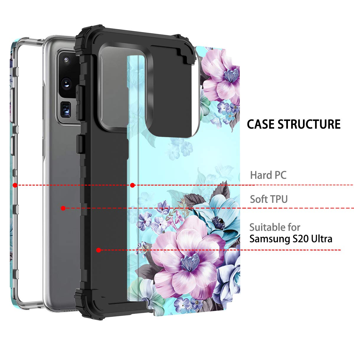 Casetego Compatible With Galaxy S20 Ultra Case,Floral Three Layer Heavy Duty Hybrid Sturdy Shockproof Full Body Protective Cover Case For Samsung Galaxy S20 Ultra 6.9 Inch,Blue Flower