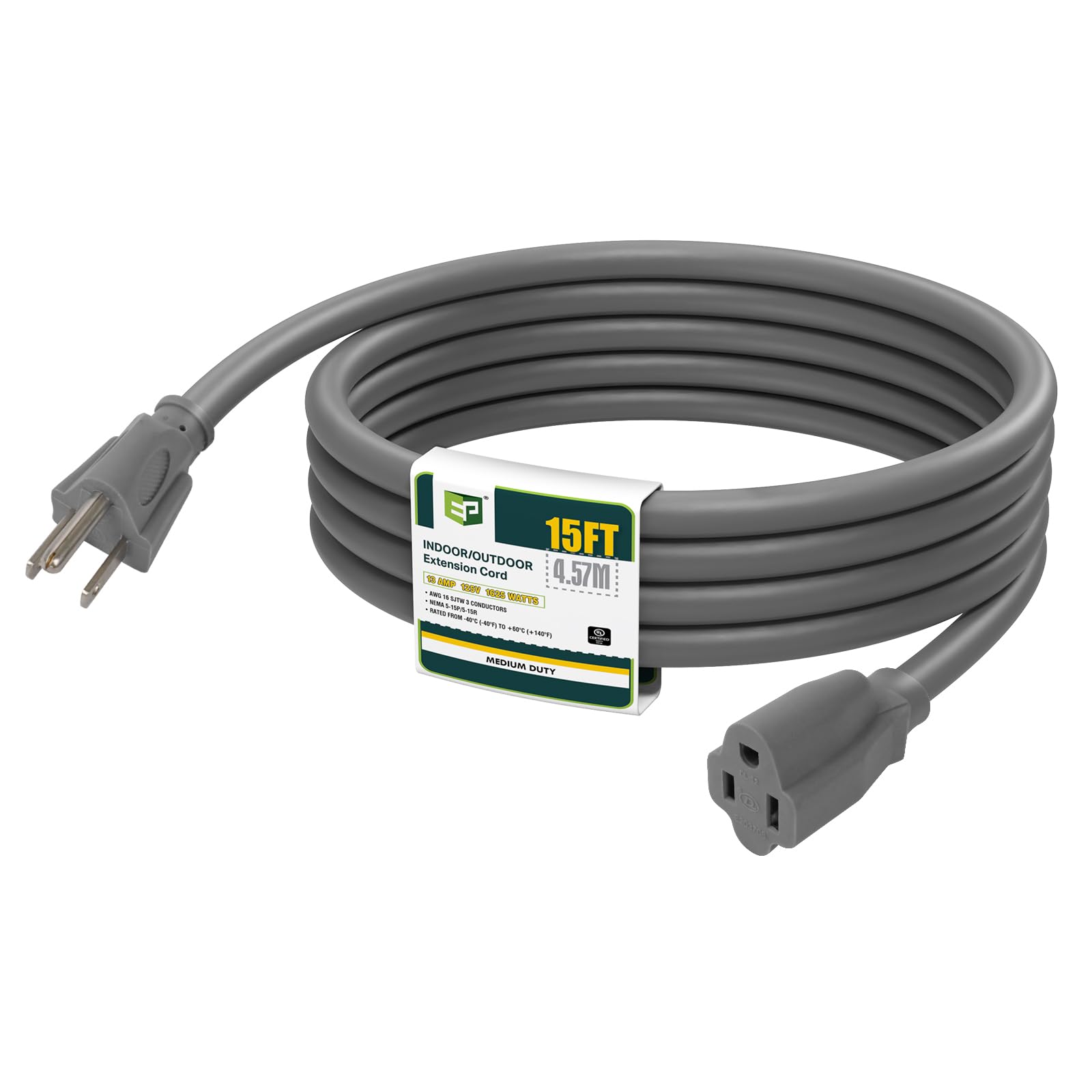 Ep 15 Ft Outdoor Extension Cord   16/3 Sjtw Gray Electrical Cable With 3 Prong Grounded Plug, Ul Listed