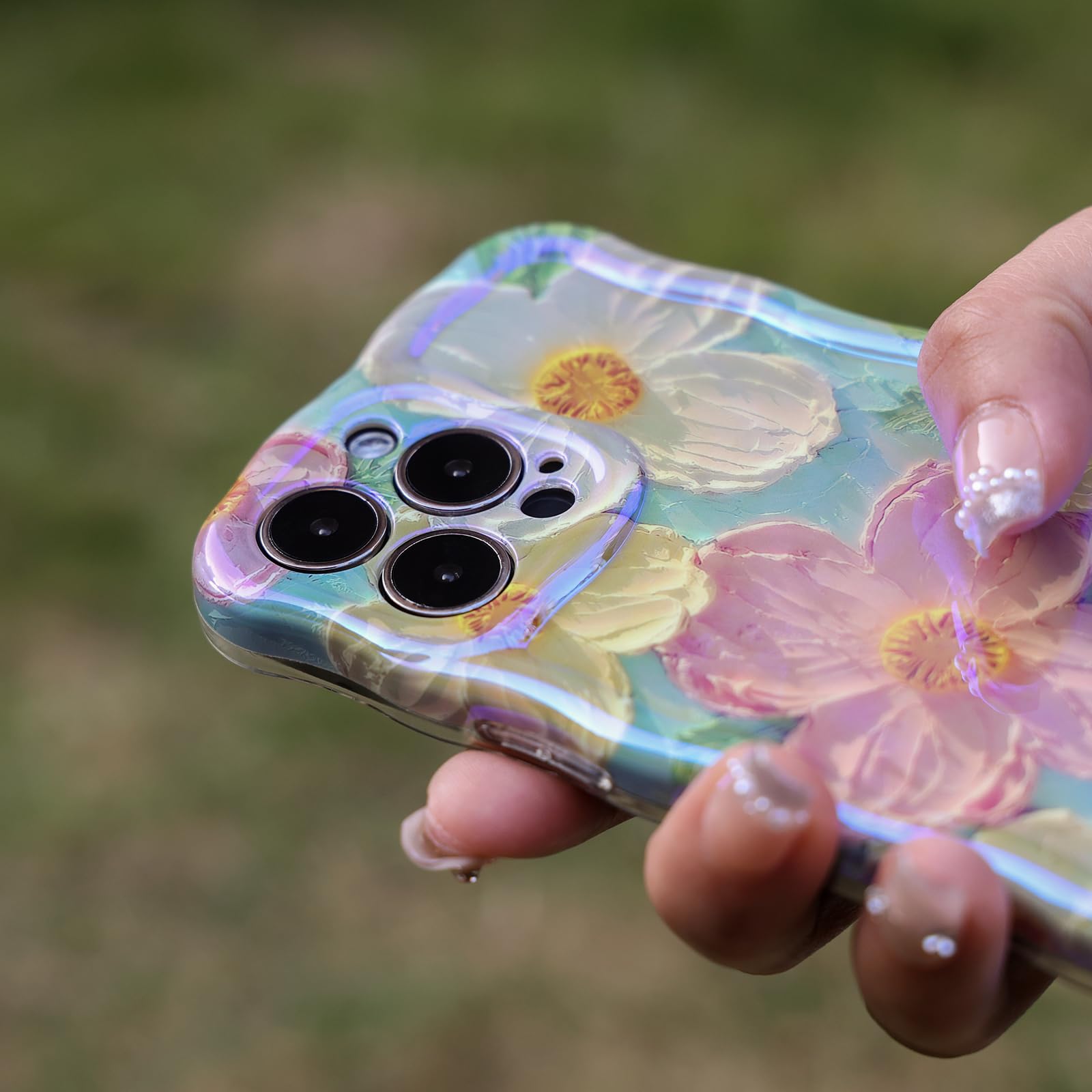 Mouzor Cute Case For Iphone 14 Pro Max, Colorful Retro Oil Painting Printed Flowers Case, Fashion Tpu Laser Beam Glossy Pattern