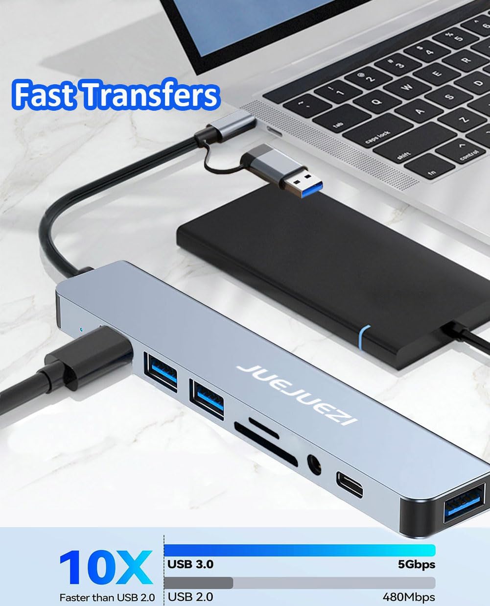 Juejuezi Usb Hub 3.0 Multiport Adapter 8 Port, Aluminum Usb & Usb C Hub 3.0 Expander Splitter 8 In 1 Fast Date Transfer, Audio A