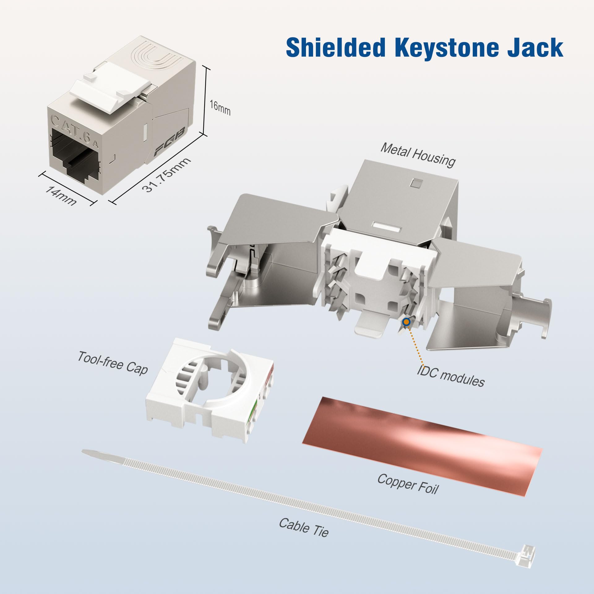 Fgb 10Gbps Cat6A Shielded Keystone Jacks With Integrated Shutter, Toolless Modular Jacks, 25 Pack