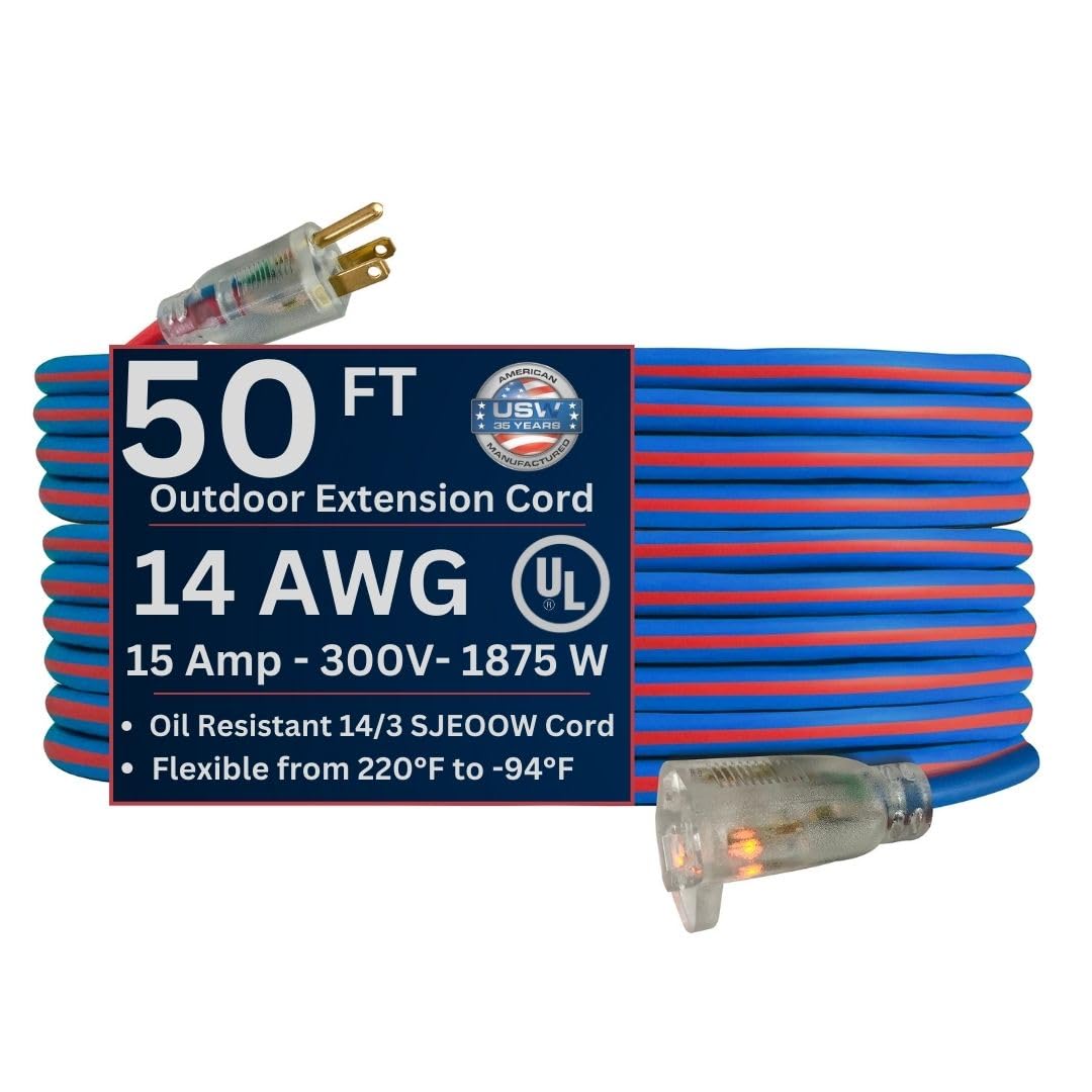 Us Wire And Cable 14/3 Gauge X 50-Foot Extreme Cold Weather Extension Cord - Heavy-Duty, 221F To - 94F Rating, Lighted Plug, Blu
