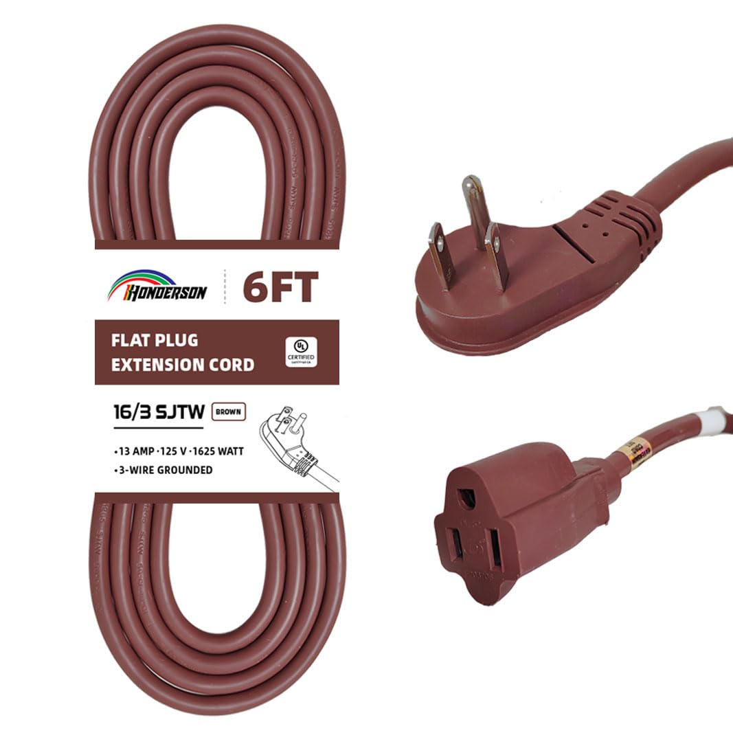 Honderson Flat Plug Indoor Extension Cord, Ul Listed, 16 Gauge 6Ft Brown 3 Prong Heavy Duty Extension Cord, 16/3 Sjtw 13A Power