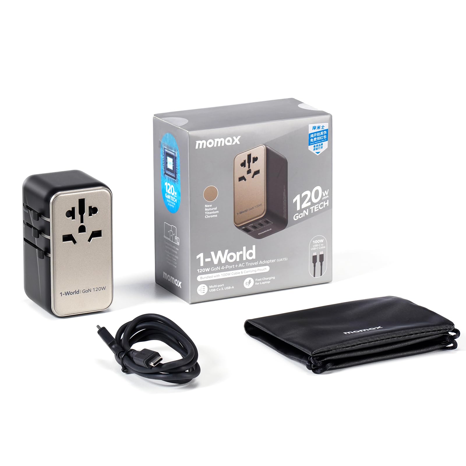 Momax Universal Travel Adapter, 120W Gan Fast International Power Adapter, 3 Usb C & 1 Usb A, Worldwide Travel Plug Adapter, All