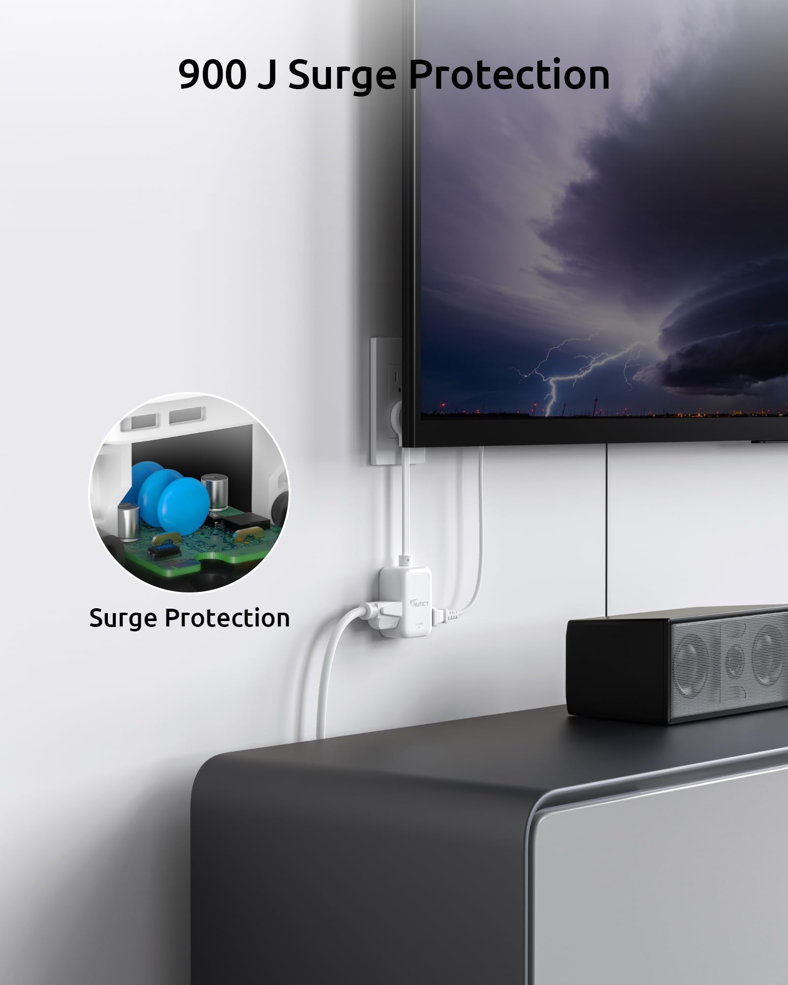 Nutict Short Extension Cord 6 Inch   15A 3 Prong Power Outlet Extender With 900J Surge Protector, 3 Way Flat Face Multi Plug Ext