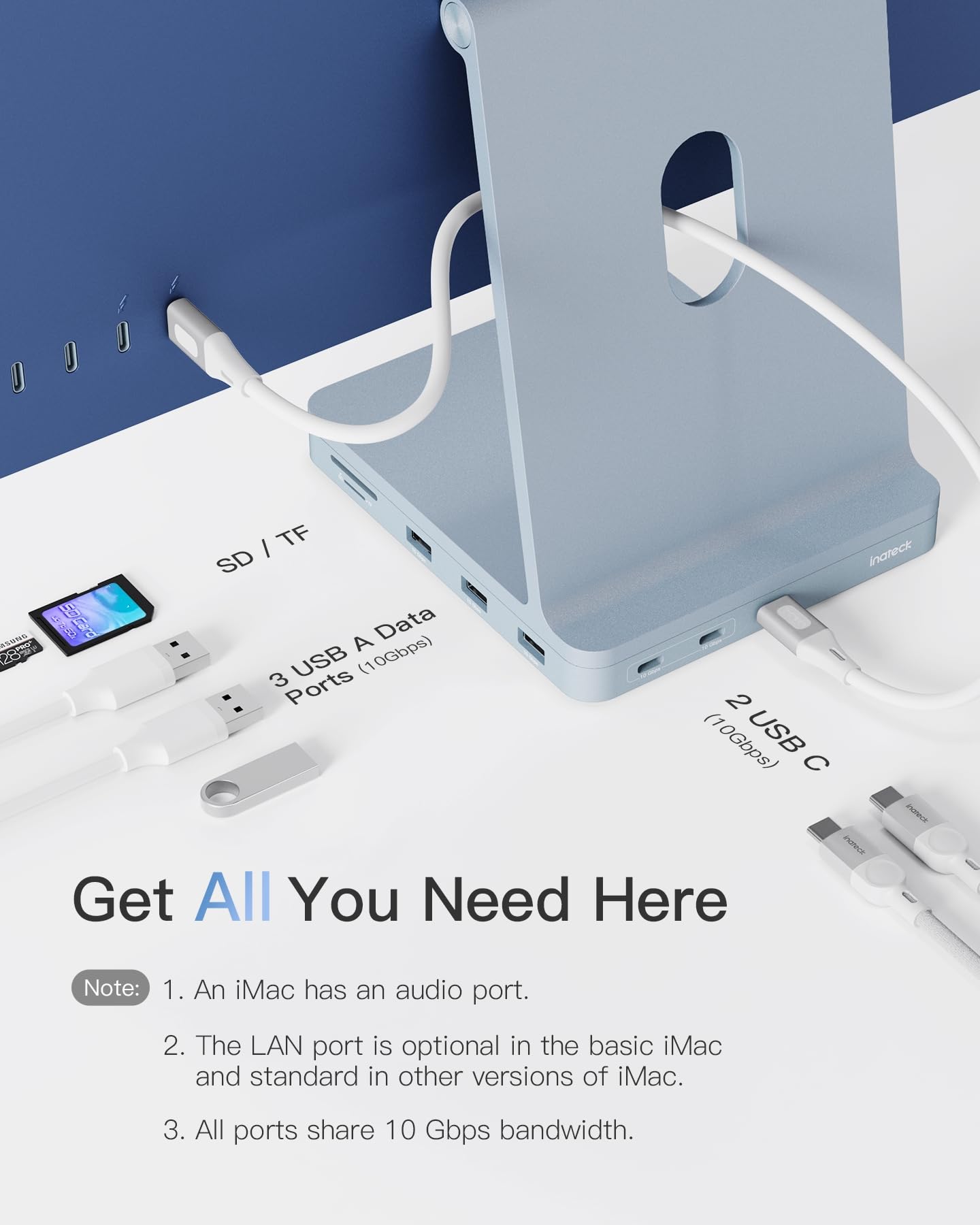 Inateck Imac Docking Station, Imac Usb Hub With Usb 3.2 Gen 2, Compatible With Imac 24 Inch 2021/2023 (Blue)
