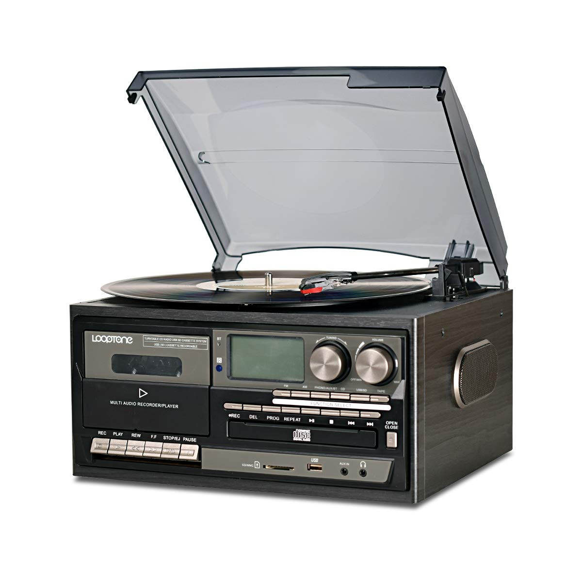Looptone Vinyl Record Player 9 In 1 3 Speed Bluetooth Vintage Turntable Cd Cassette Player Am/Fm Radio Usb Recorder Aux In Rca L