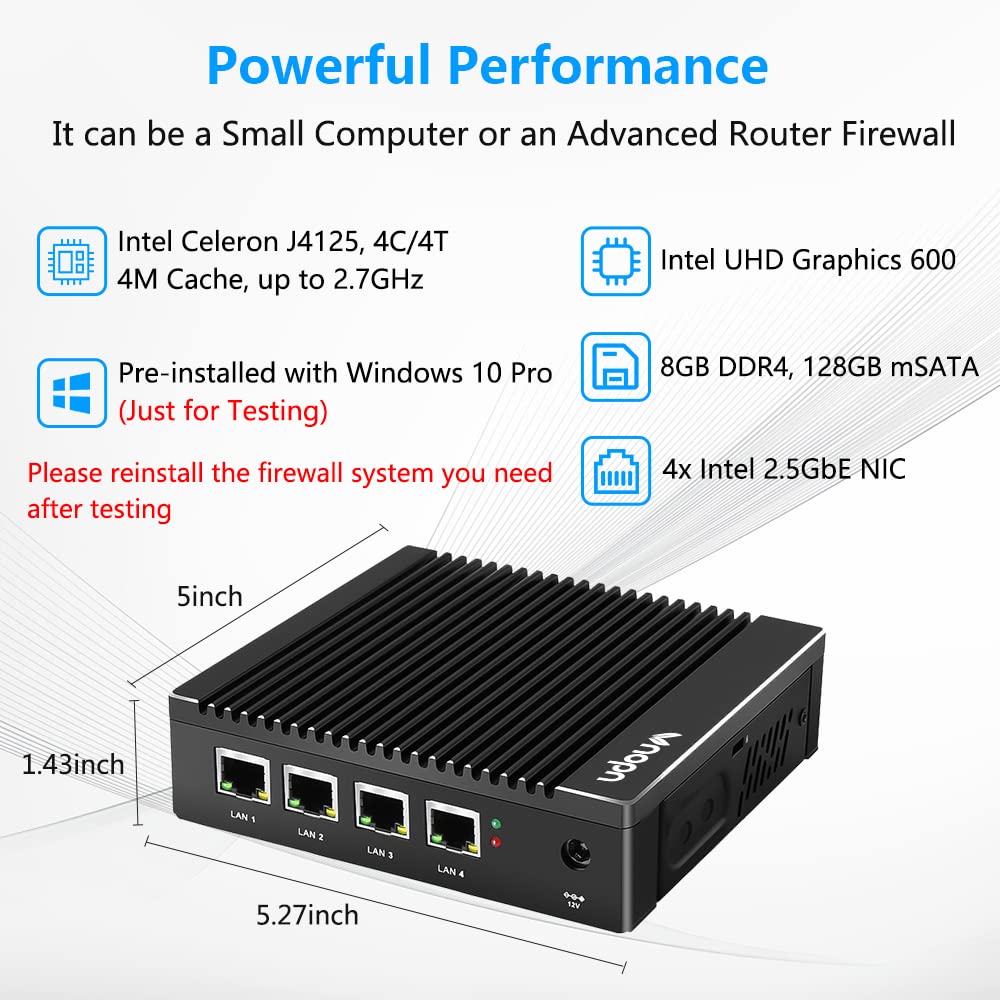 Vnopn Micro Firewall Appliance Intel J4125 Quad Core, 4 Intel 2.5Gbe I225 Lan Ports Fanless Mini Computer 8Gb Ram Ddr4 128Gb Msa