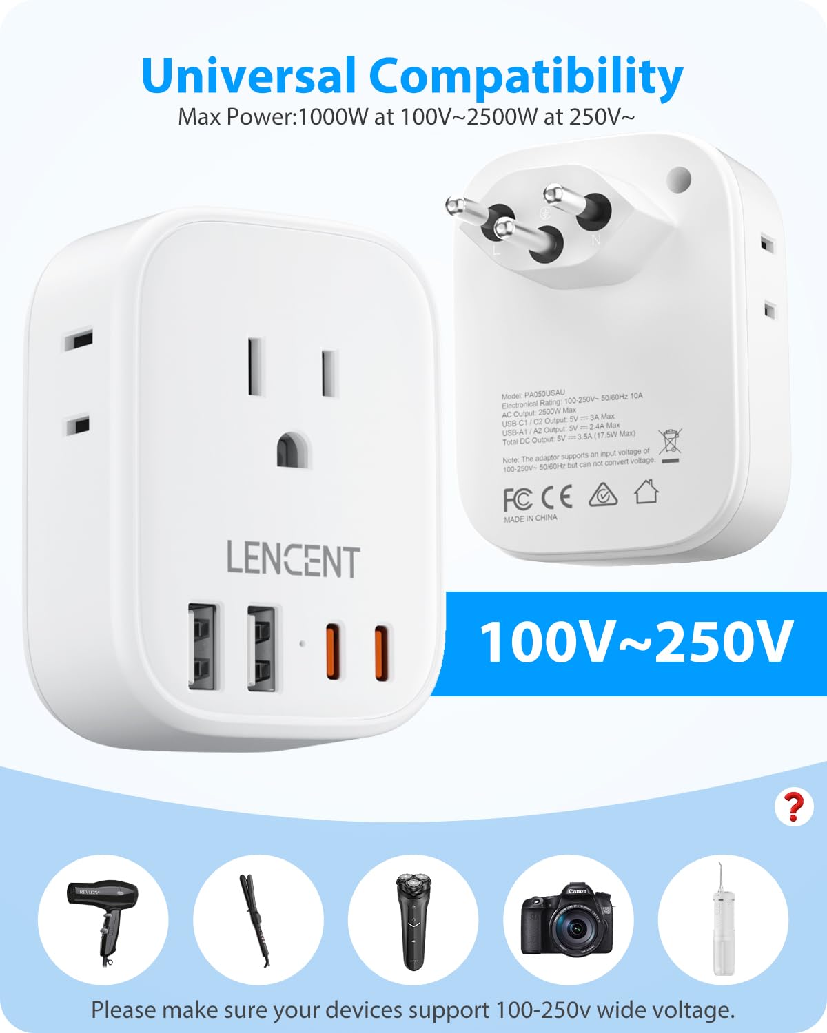 LENCENT Travel Plug Adapter - Type J Converter with 4 Outlets & 4 USB Ports, White, Model PA050USSW for Switzerland & Liechtenstein