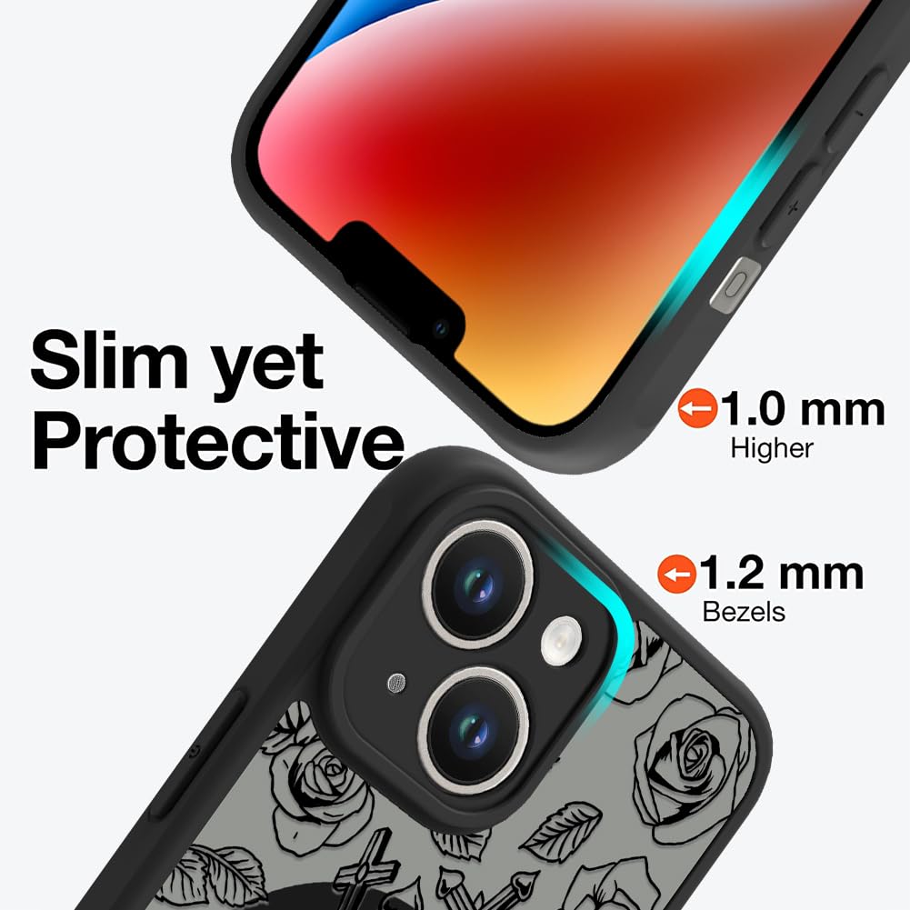 Ook Magnetic For Iphone 13 Case [Compatible With Magsafe] Black Skull Flower Slim Translucent Matte Case For Iphone 13 Cover, Bl