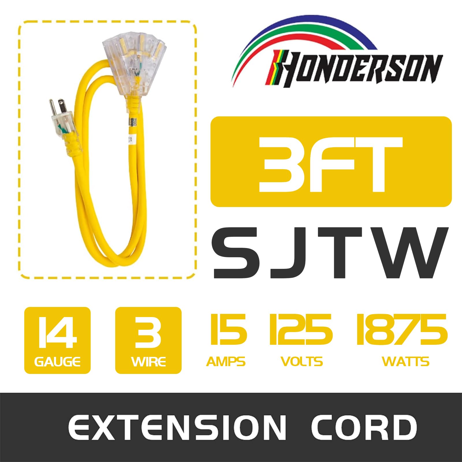 Honderson 3 Outlets Extension Cord Weatherproof With Lighted End, Ul Listed, 14 Gauge 3Ft Yellow 3 Prong Heavy Duty, 14/3 Sjtw 1