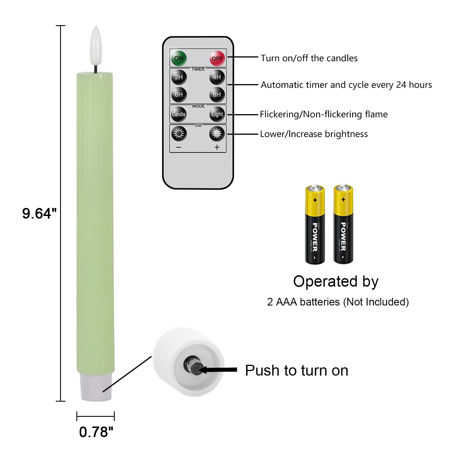 Dromance Green Flameless Flickering Taper Candles Battery Operated With 10 Key Remote And Timer 6 Packs 3D Wick Vertical Stripe