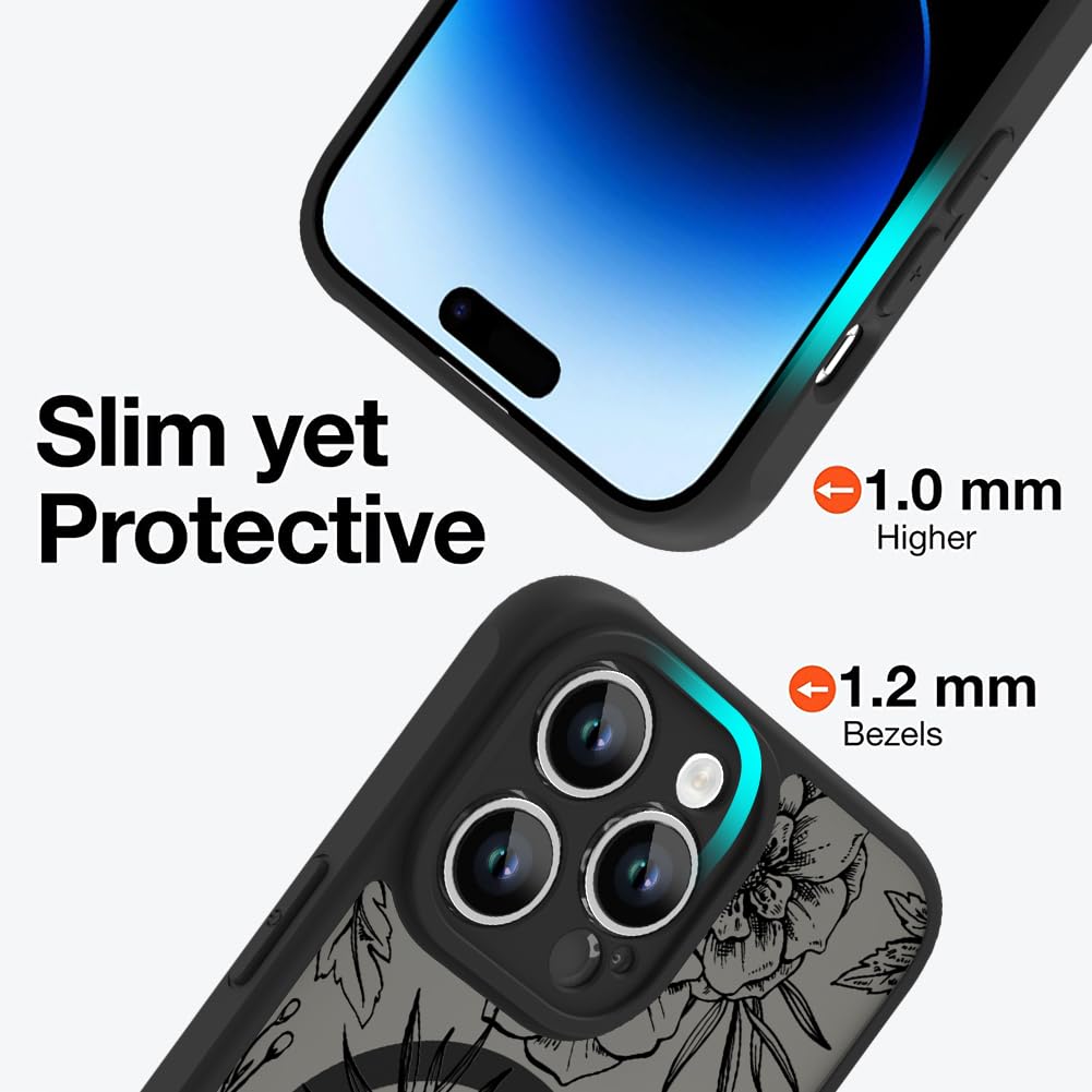 Ook Magnetic For Iphone 14 Pro Max Case Black Flower Floral Pattern [Compatible With Magsafe] Slim Translucent Matte Camera Lens