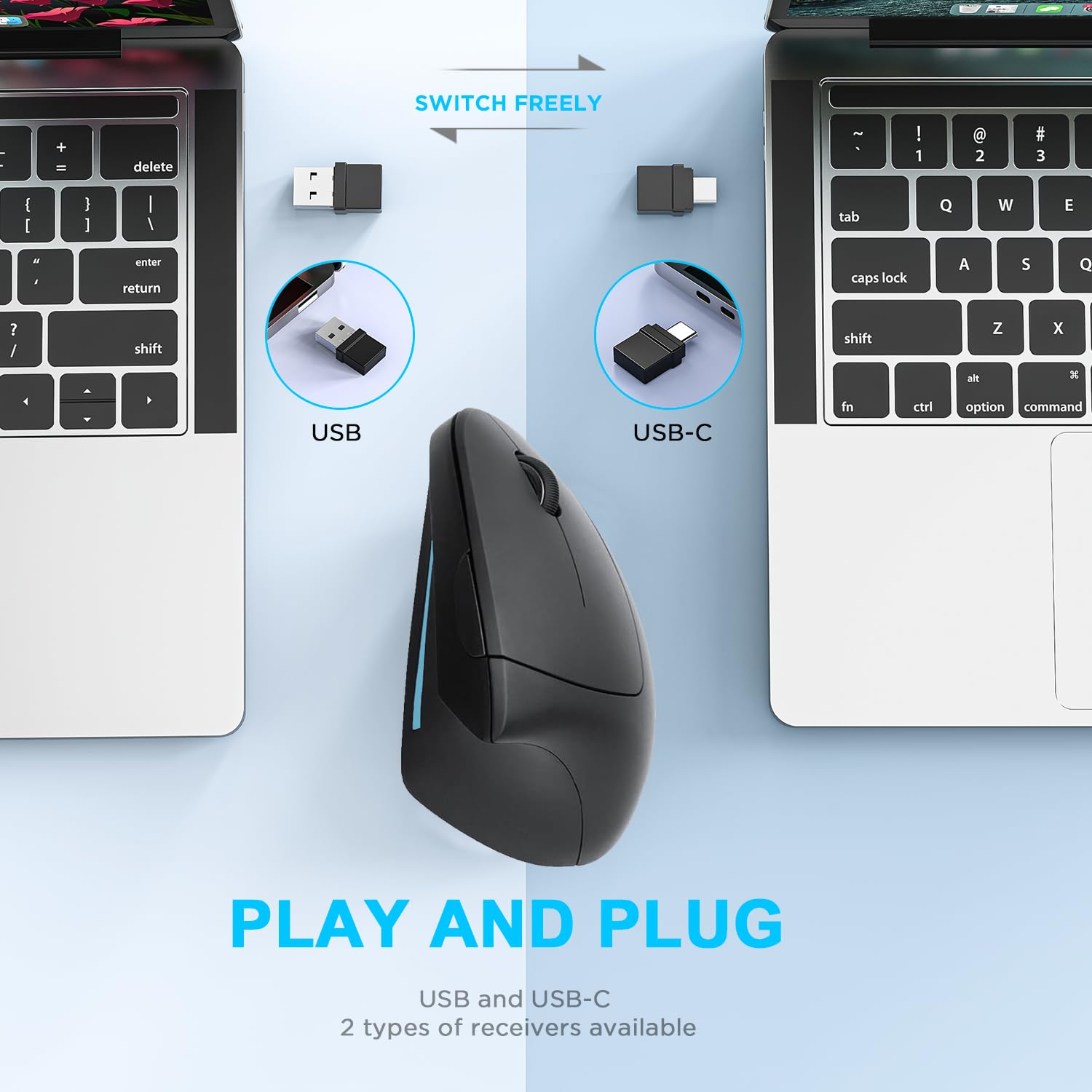 Ergonomic Mouse Vertical  Rechargeable 2.4Ghz Optical (Bluetooth+Usb+Usb C) Modes Wireless Mice  800/1200/1600Dpi 6 Buttons For