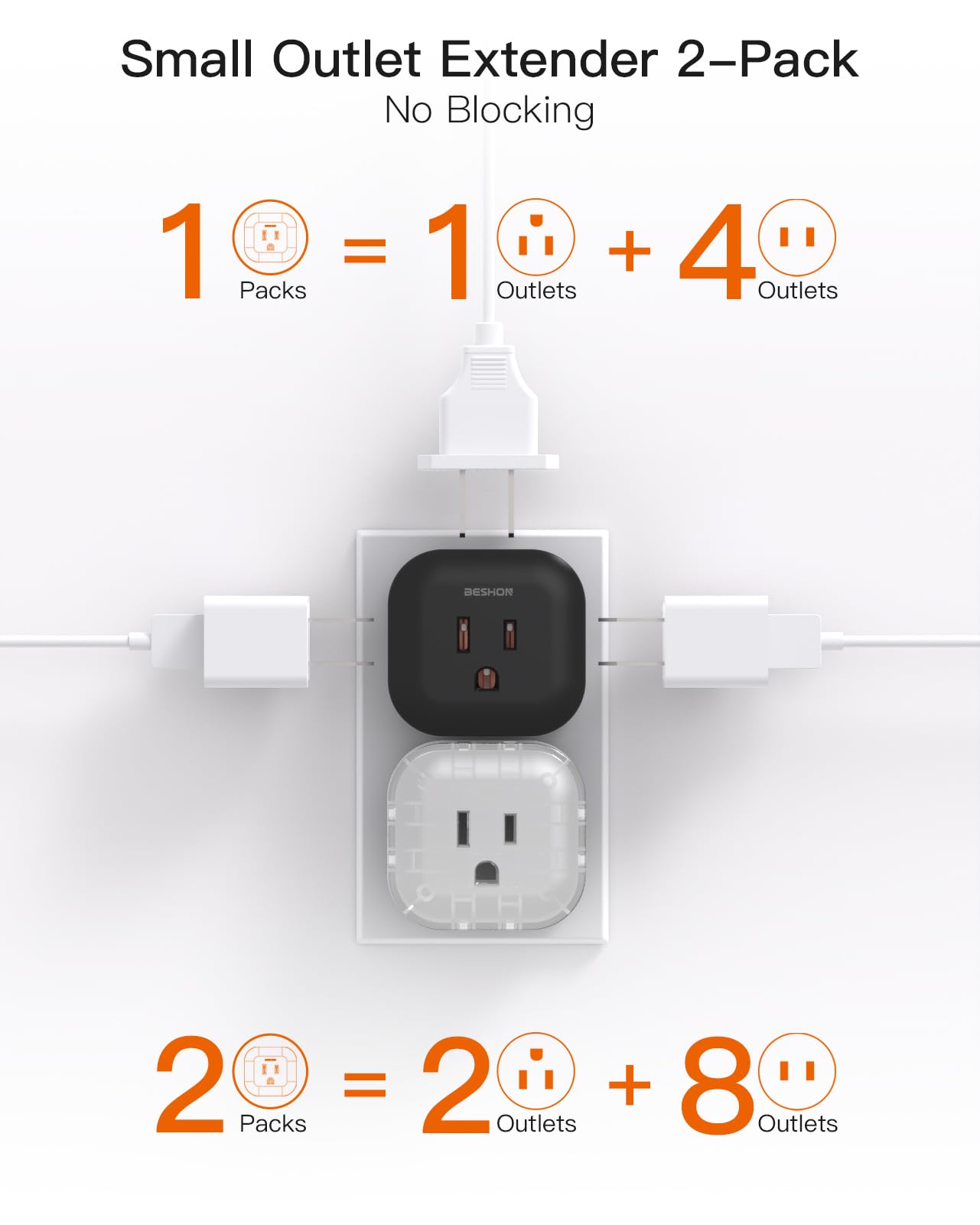 Black Multi Plug Outlet Extender 2 Pack, Wall Outlet Splitter With 5 Wall Outlets, Small Multiple Plug Extender, Cruise Essentia
