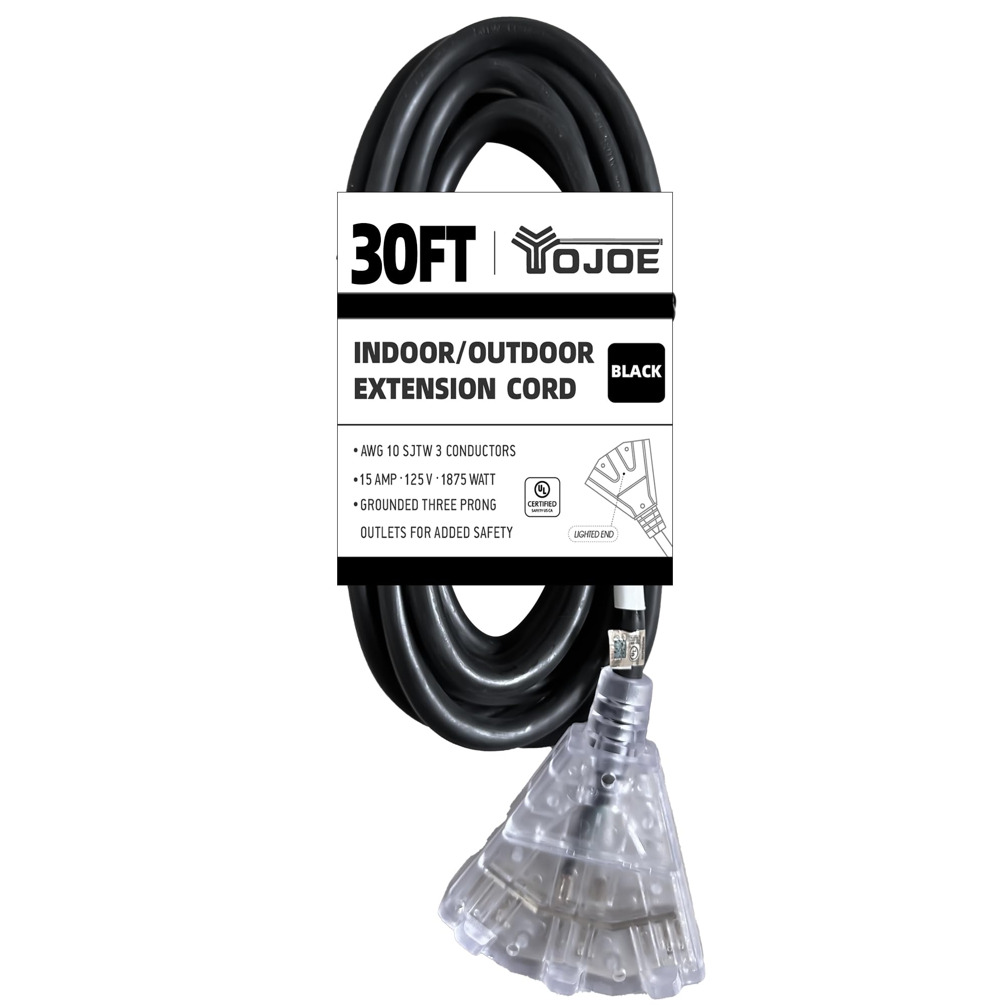Yojoe 30 Foot 10/3 Lighted Outdoor Extension Cord With 3 Power Outlets   10 Gauge 3 Prong Sjtw Heavy Duty Black Extension Cable