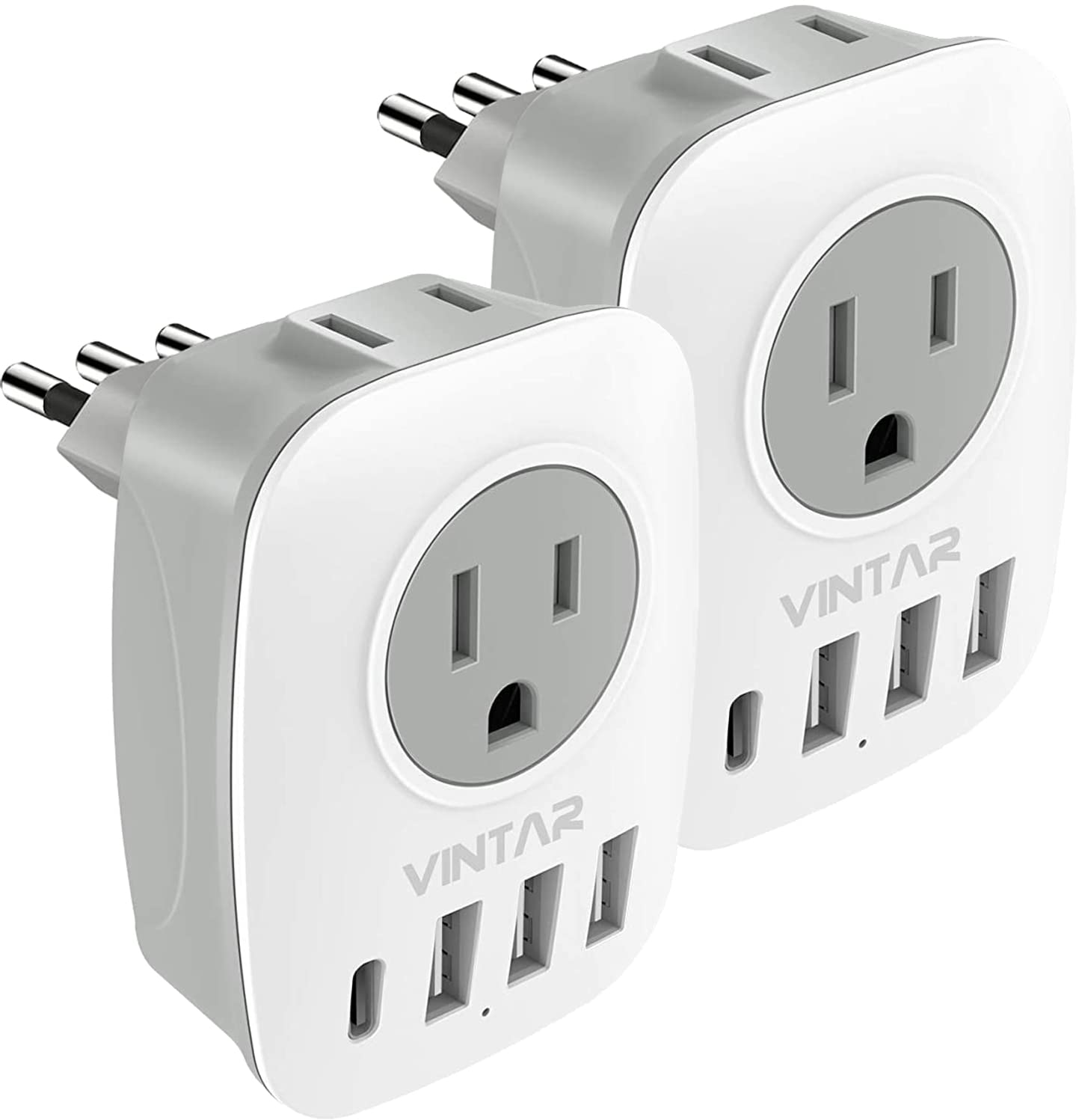 [2 Pack] Italy Power Adapter, Vintar Italy Travel Plug Adapter With 1 Usb C, 2 American Outlets And 3 Usb Ports, 6 In 1 Outlet A